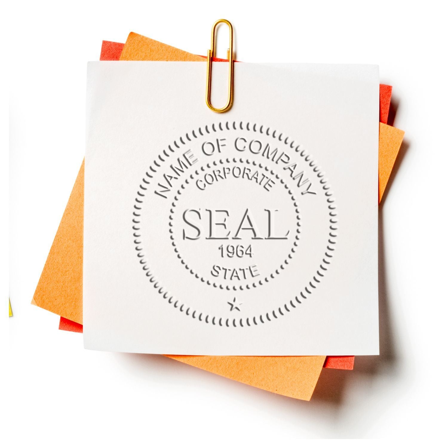 Blank corporate seal embossing on paper with paperclip and colorful sticky notes, business document mockup.