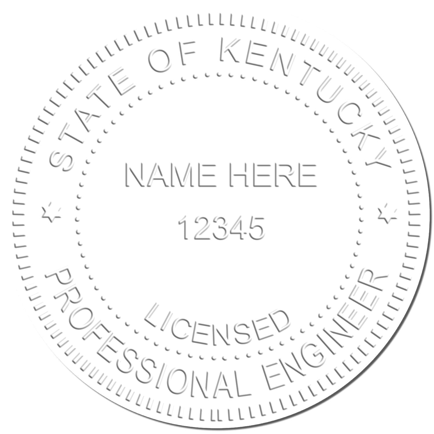Circular State of Kentucky licensed professional engineer seal with Name Here and license number 12345 in gray embossed text.
