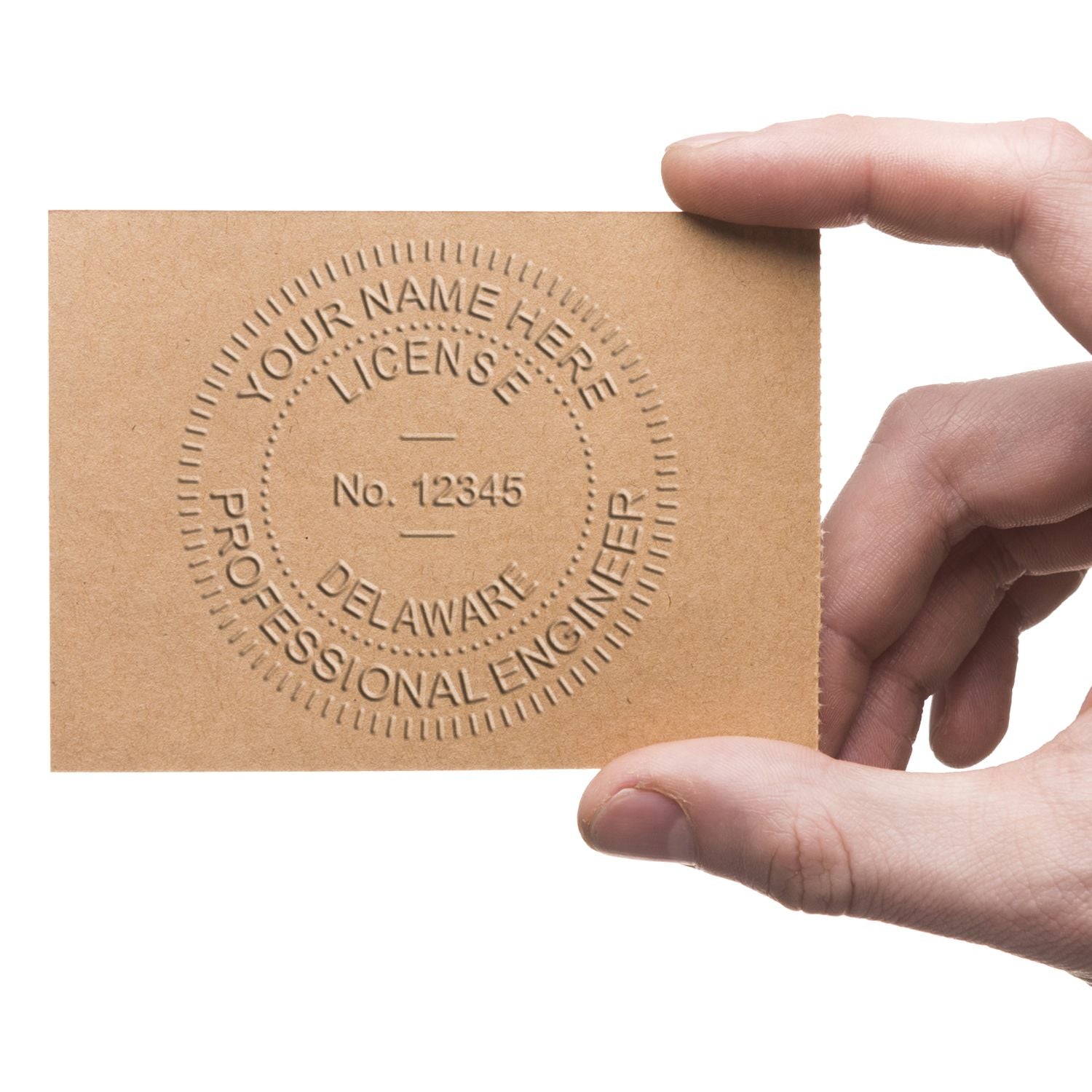 Hand holding an embossed professional engineer Delaware license seal card with custom name placeholder.