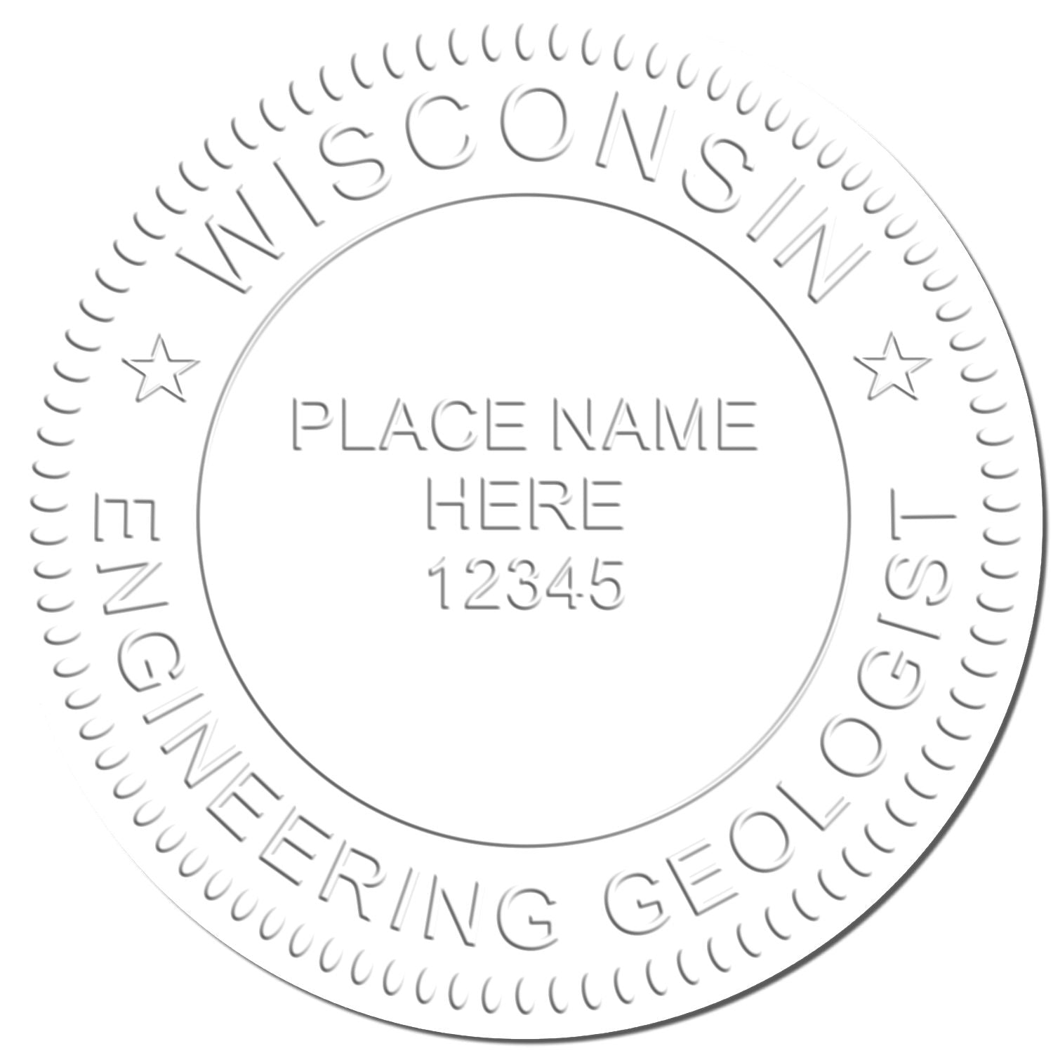 Wisconsin professional engineer and geologist seal template with customizable place name and license number 12345.