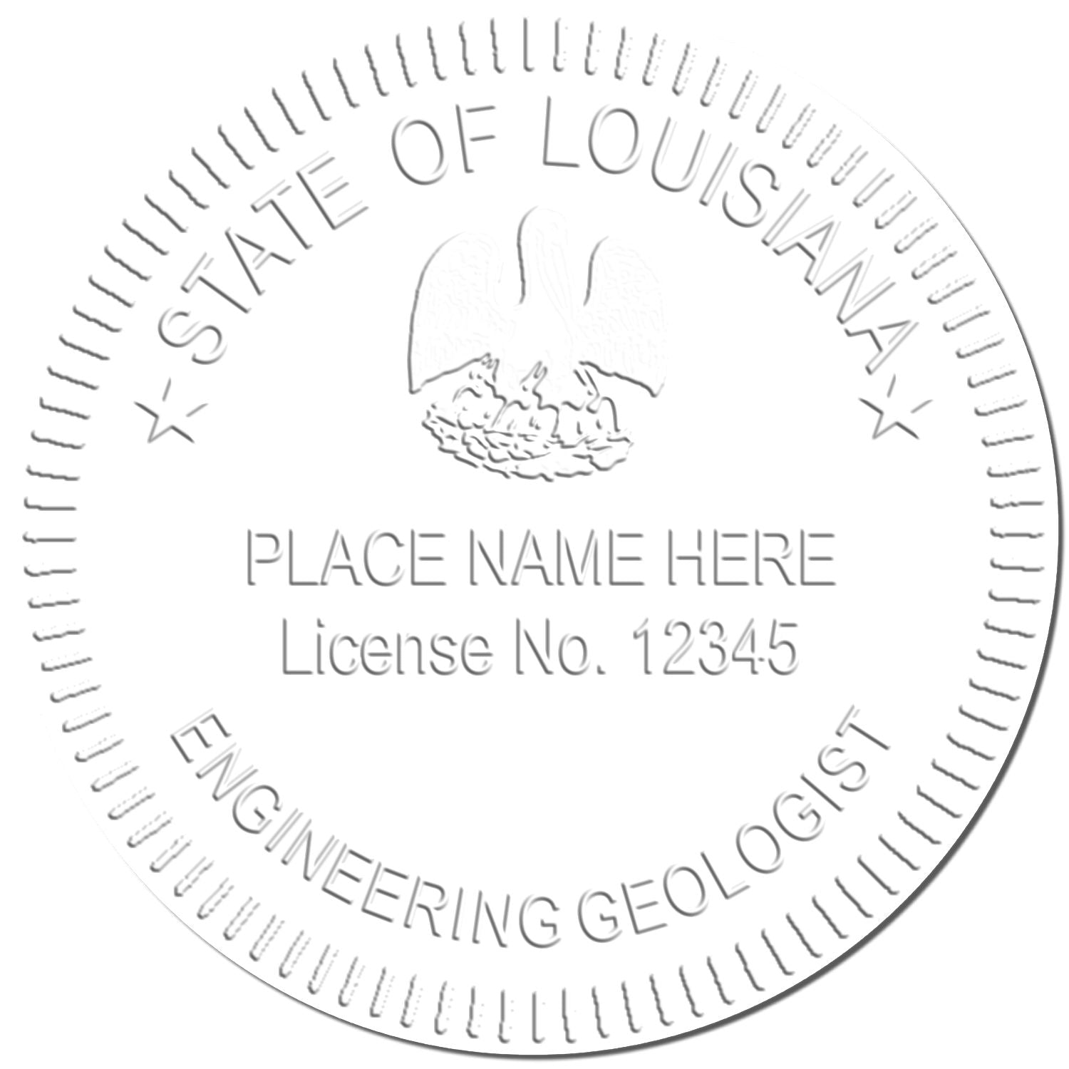 Circular State of Louisiana Engineering Geologist license seal template with place name and license number placeholder.