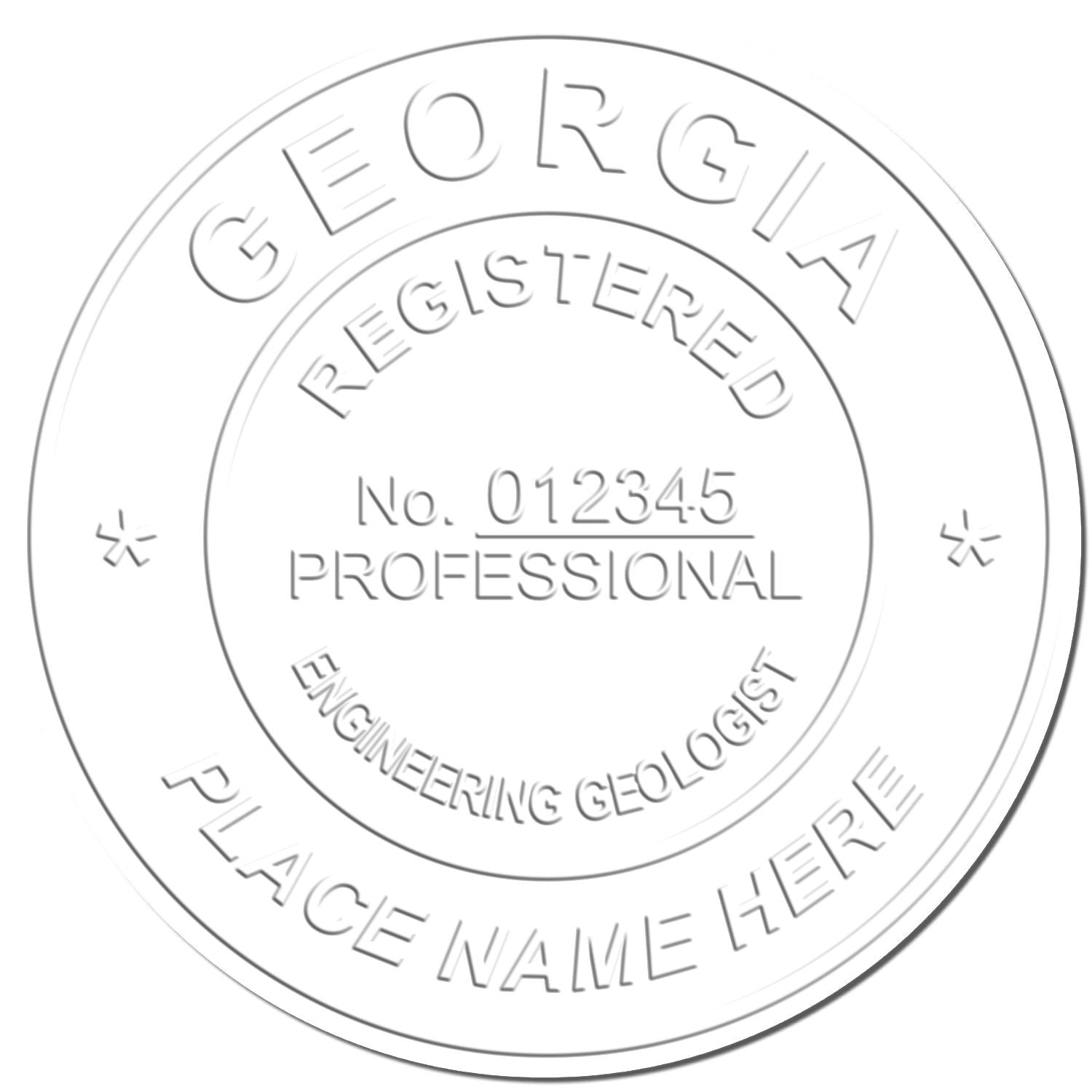 Georgia registered professional geologist seal stamp with place name here and license number 012345.