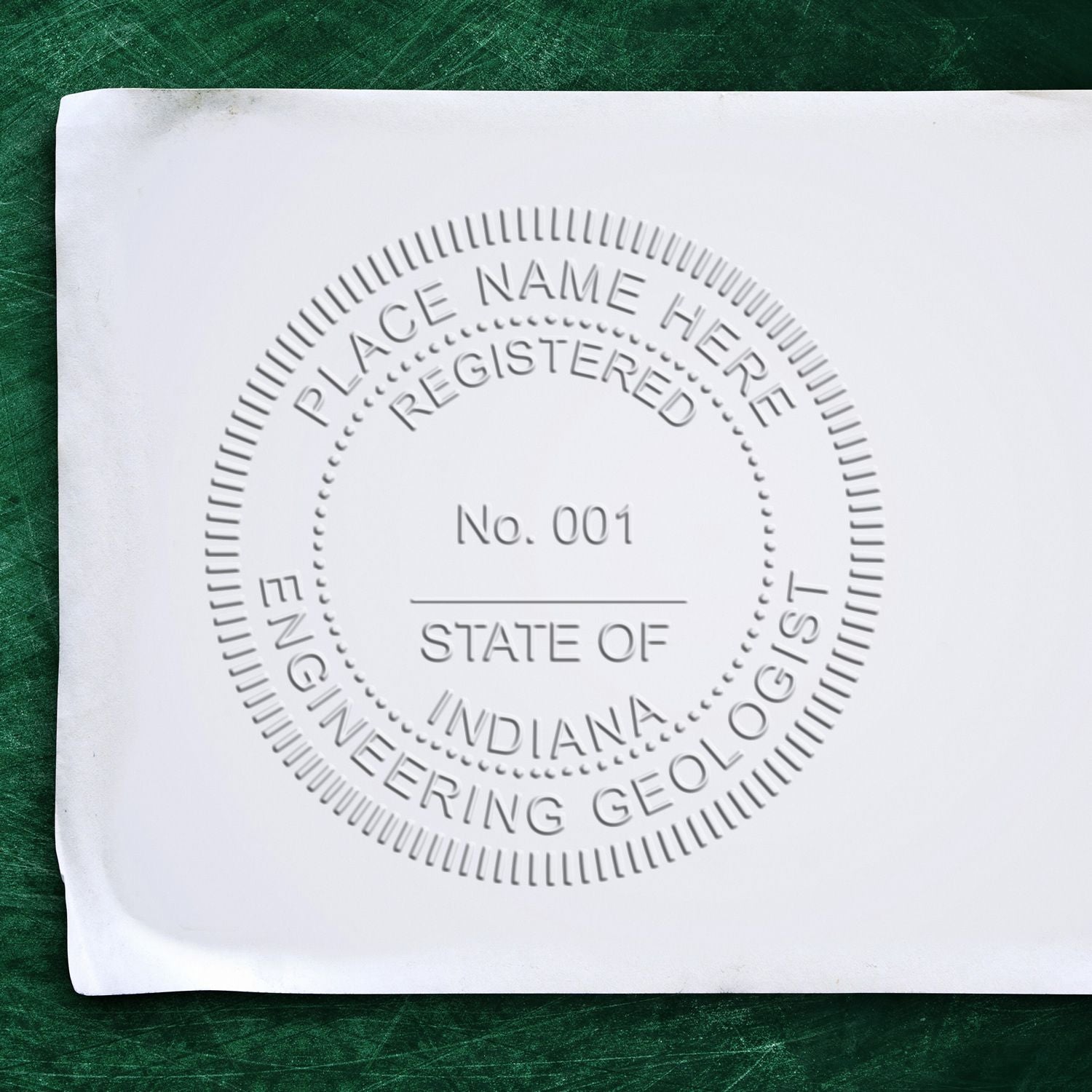 Embossed Registered Engineer Geologist seal template for State of Indiana on white paper background