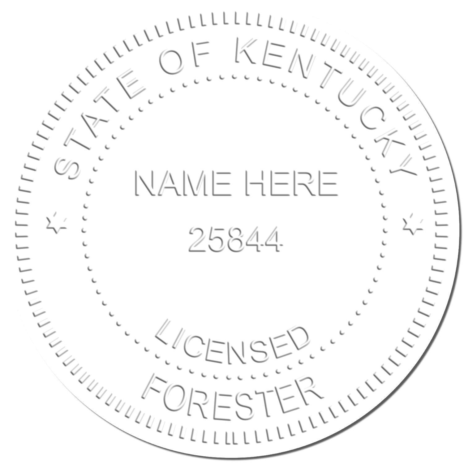 Circular State of Kentucky licensed forester seal with name placeholder and license number 25844.