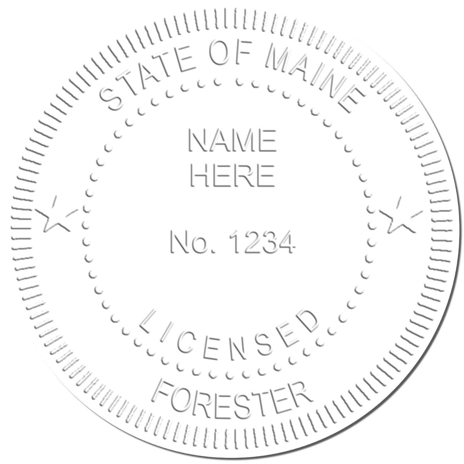 Maine Licensed Forester circular seal with State of Maine, Name Here, and license number 1234 placeholder.