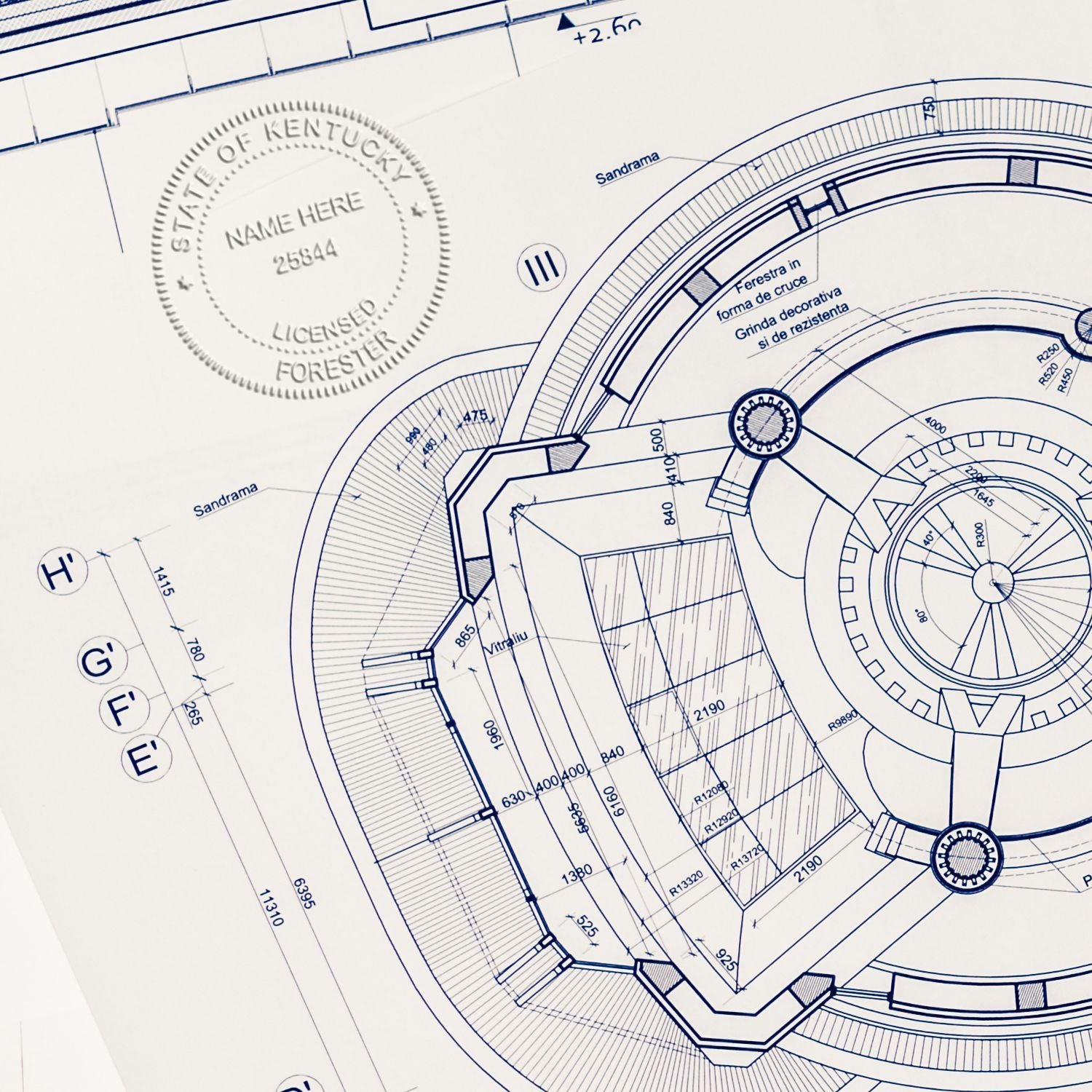 Architectural blueprint floor plan with Kentucky state seal stamp and detailed technical drawing elements