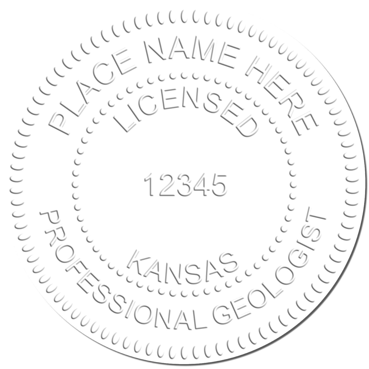 Kansas Professional Geologist licensed seal stamp with “Place Name Here” and license number 12345.