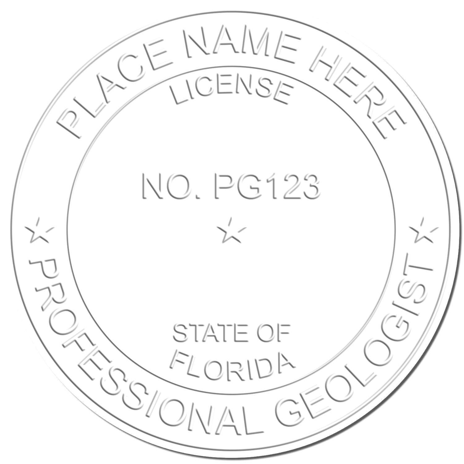 Florida Professional Geologist license seal template with Place Name Here, license No. PG123, and state of Florida text.