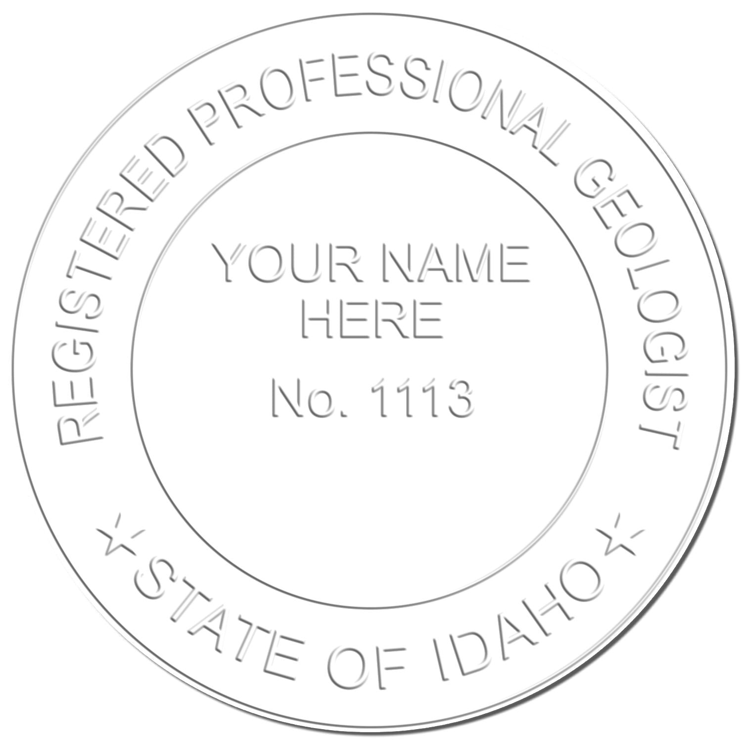 Idaho Registered Professional Geologist seal with placeholder name and license number 1113, circular certification logo on white background.