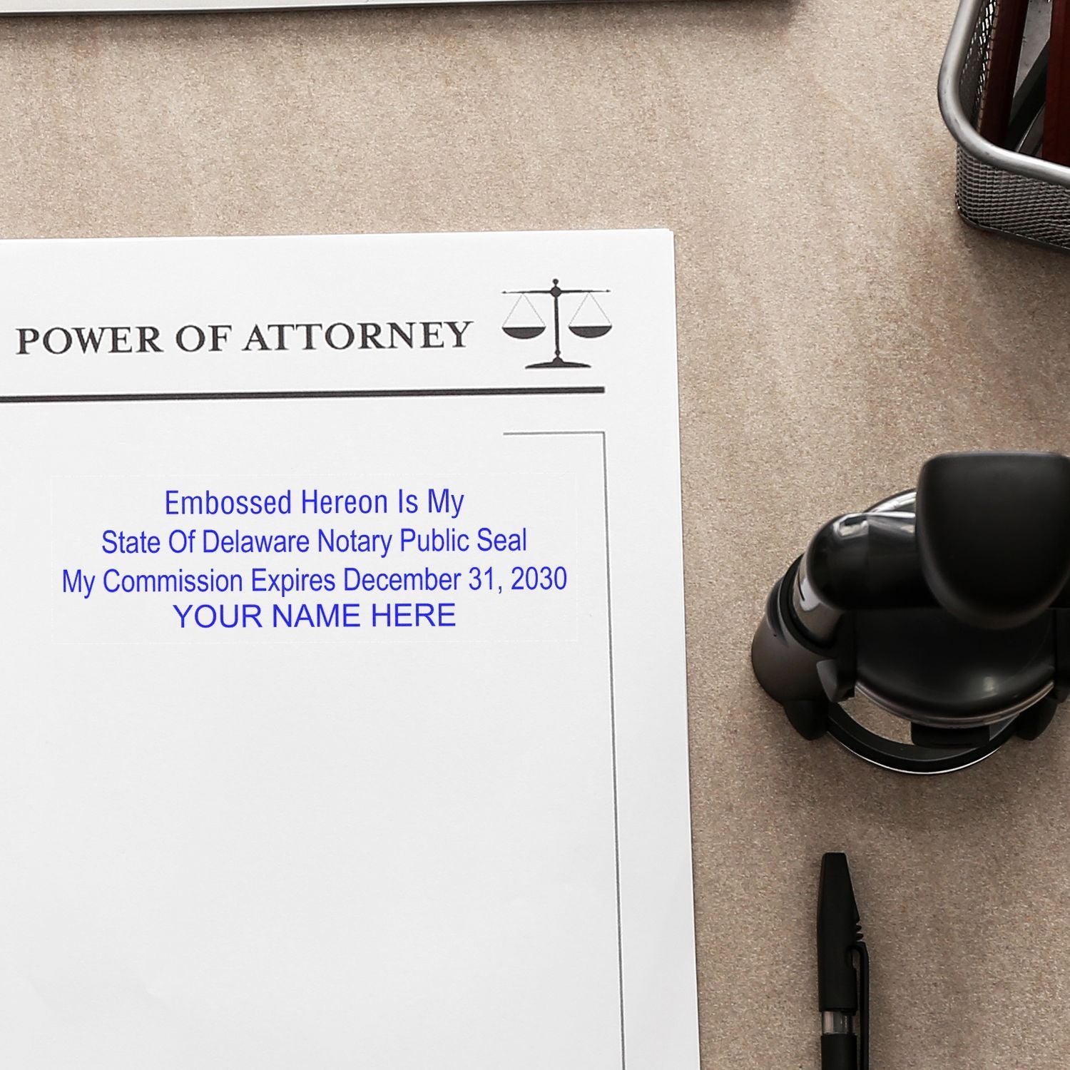 Power of attorney form with Delaware notary public seal on desk beside a stamp.