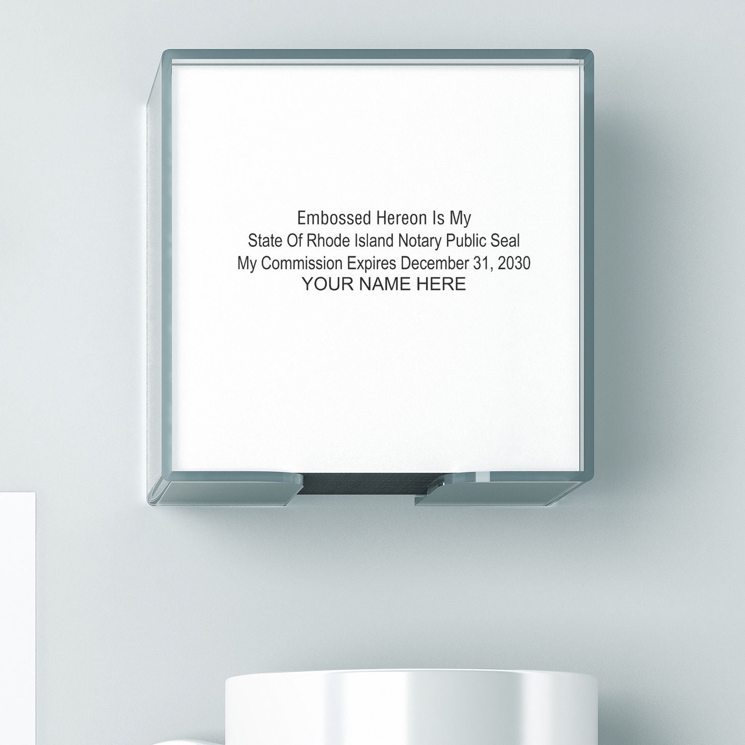 Custom Rhode Island notary public seal desk sign with embossed name and commission expiration date.