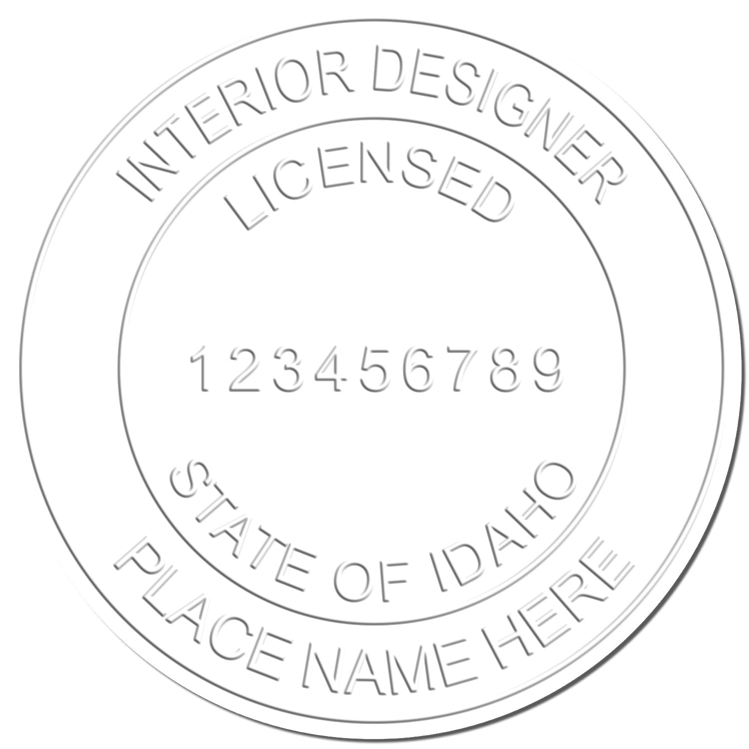 Circular interior designer license seal template for the State of Idaho with customizable place name and license number.