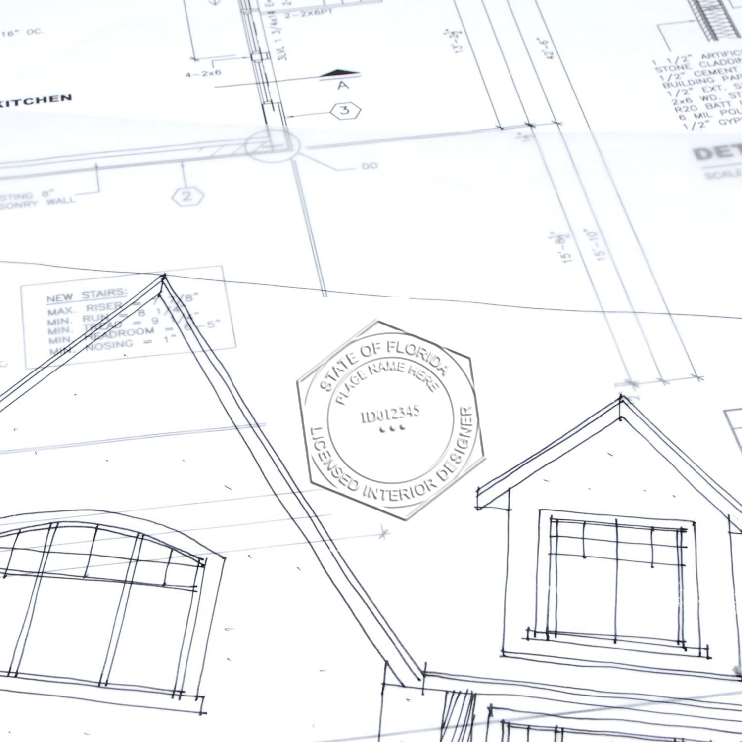 Architectural blueprints for a residential home design with house elevation sketches and a Florida licensed interior designer seal.