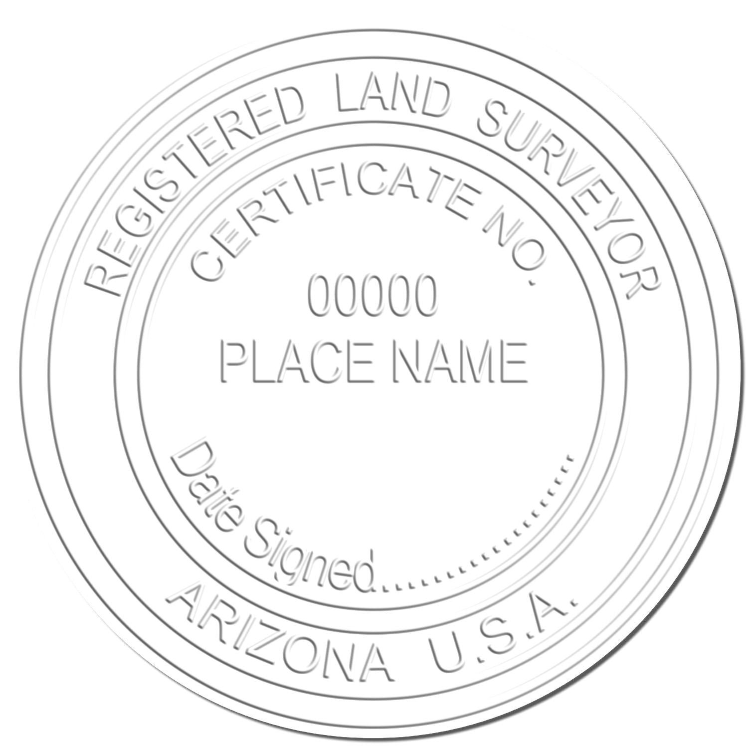 Embossed registered land surveyor certificate seal template with place name, certificate number, date signed, and Arizona USA text.