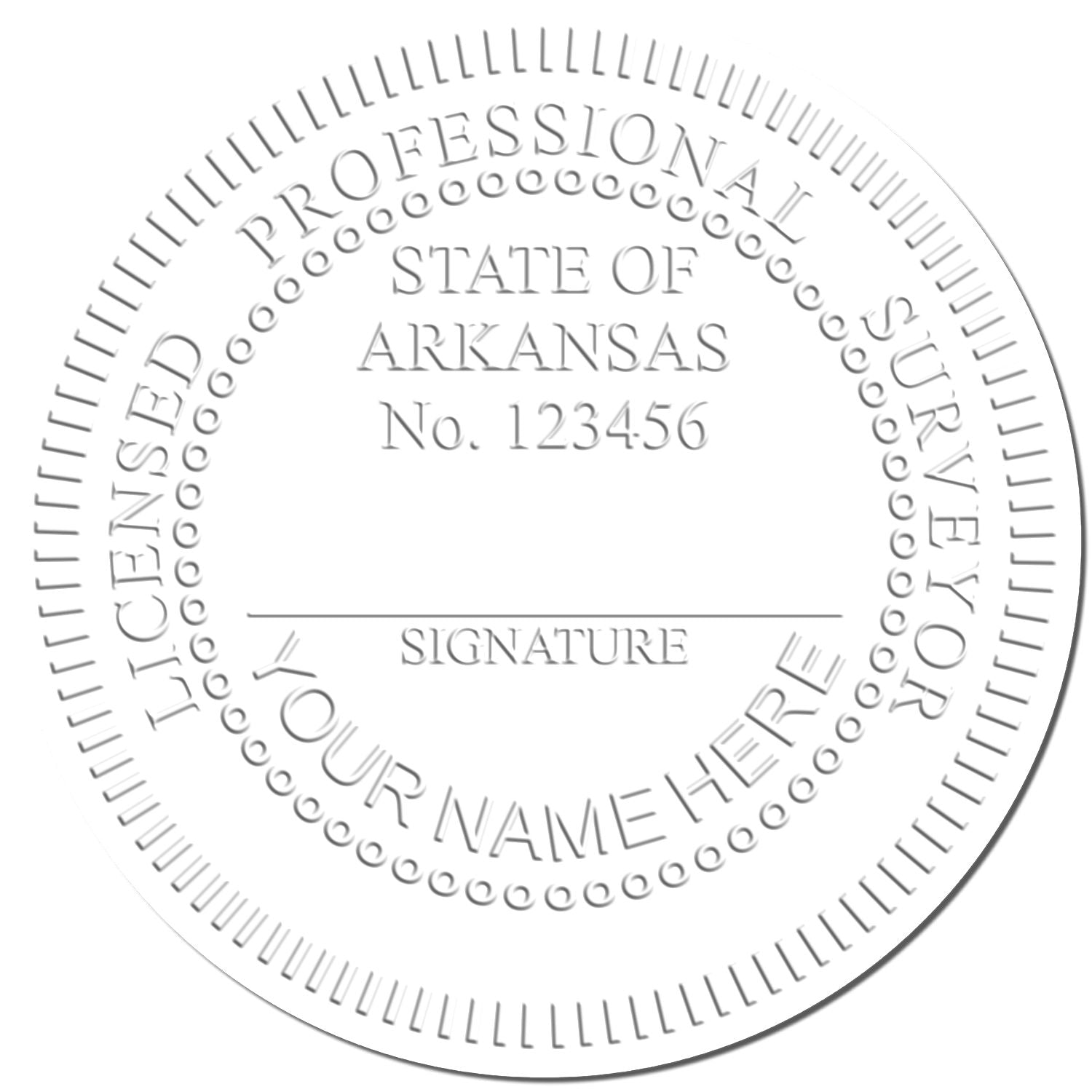 Embossed Professional State of Arkansas notary seal with signature line and license number 123456.