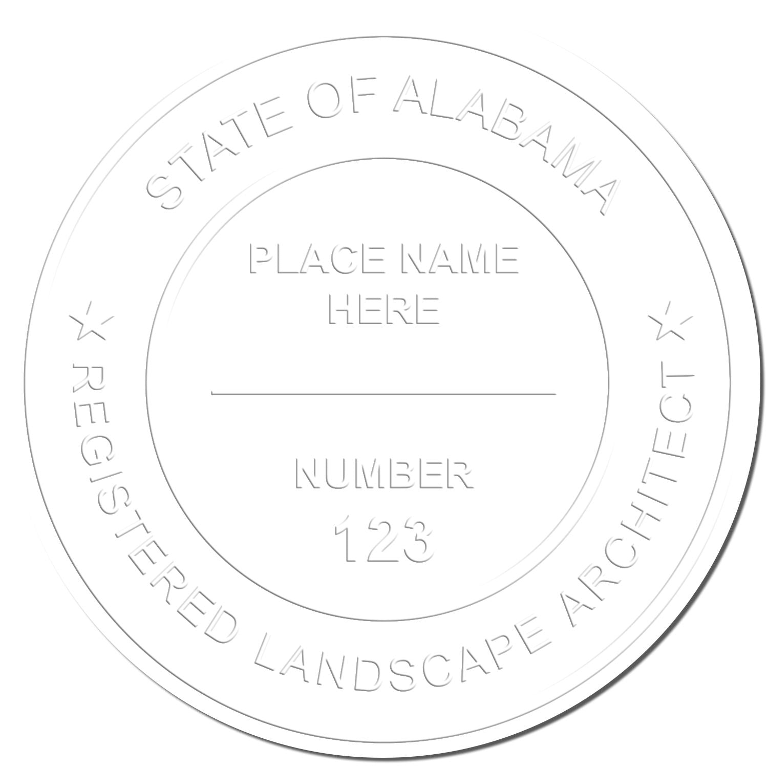 Embossed State of Alabama registered landscape architect seal with place name and license number placeholder.