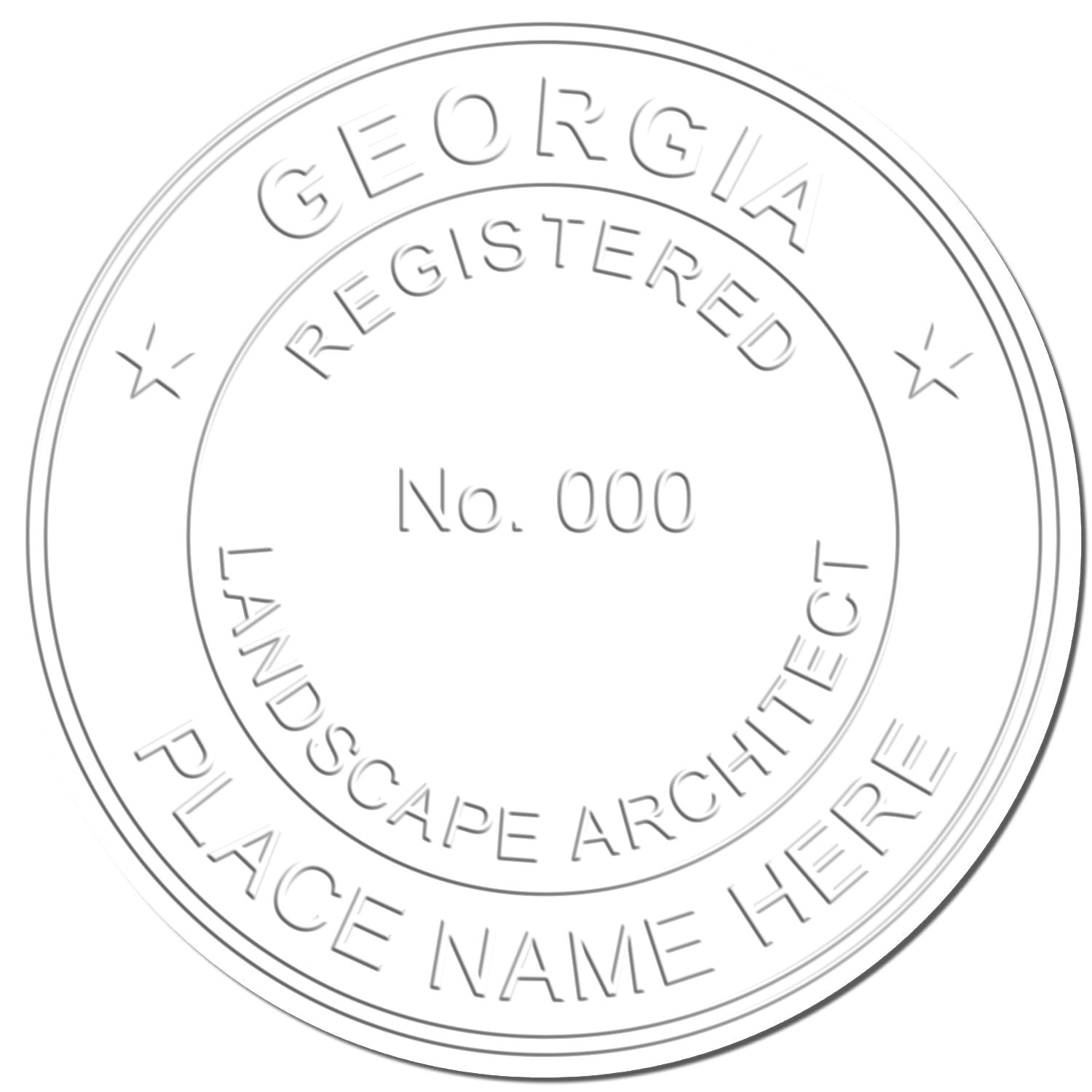 Georgia registered landscape architect seal template with circular stamp, No. 000 placeholder, and Place Name Here text.