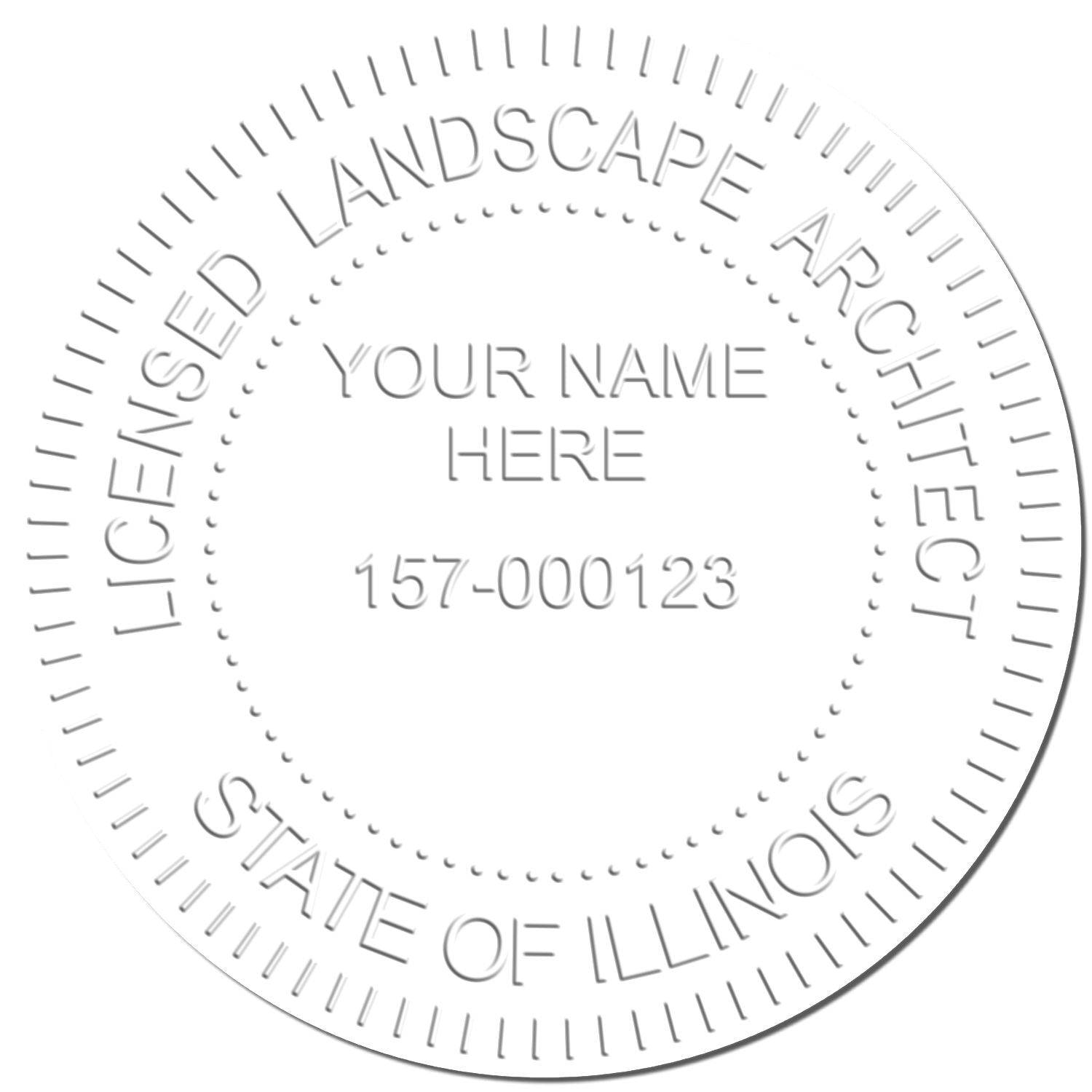 Circular Illinois landscape architect license stamp with customizable name and license number 157-000123.