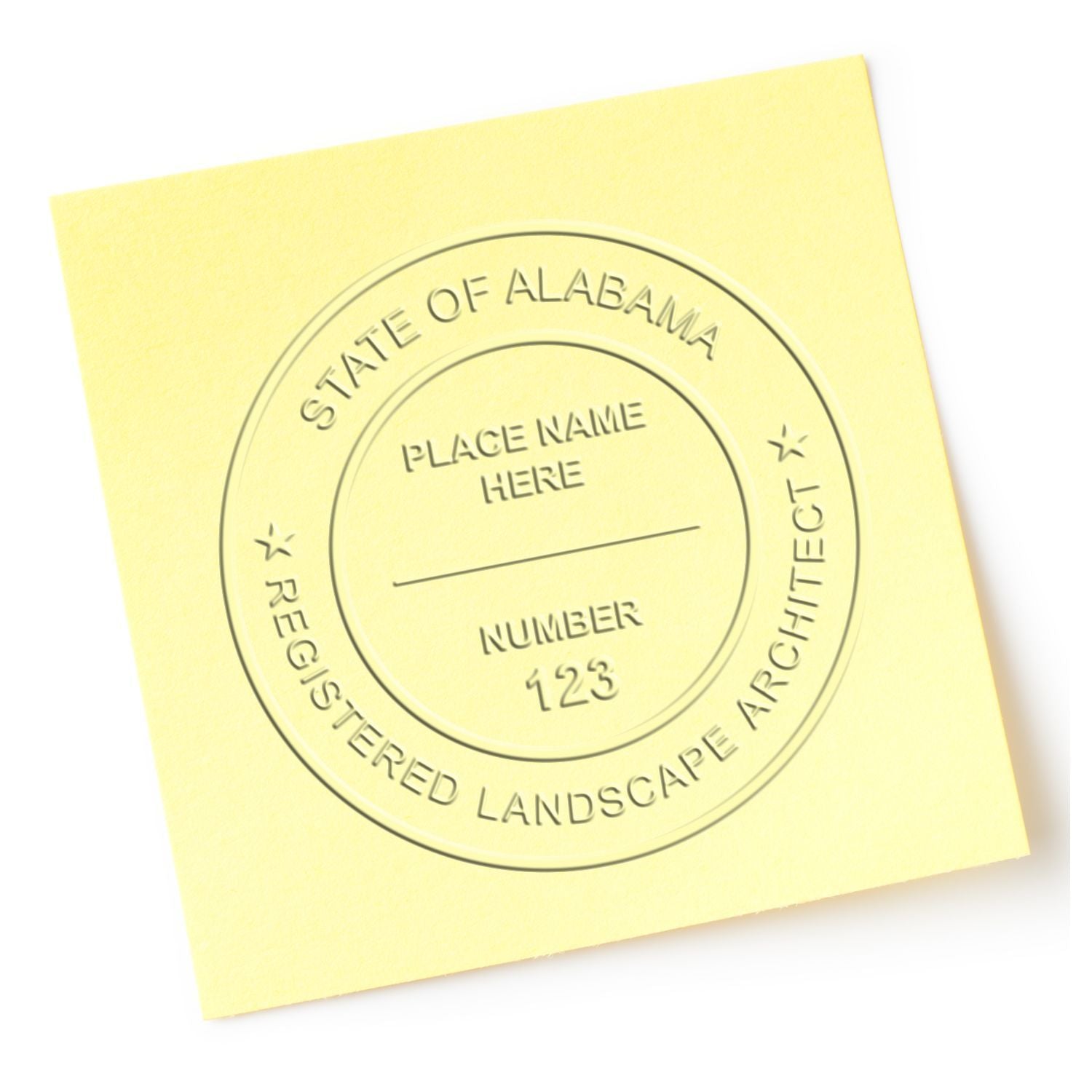 Yellow Alabama registered landscape architect seal template with place name and license number 123 embossed on paper.
