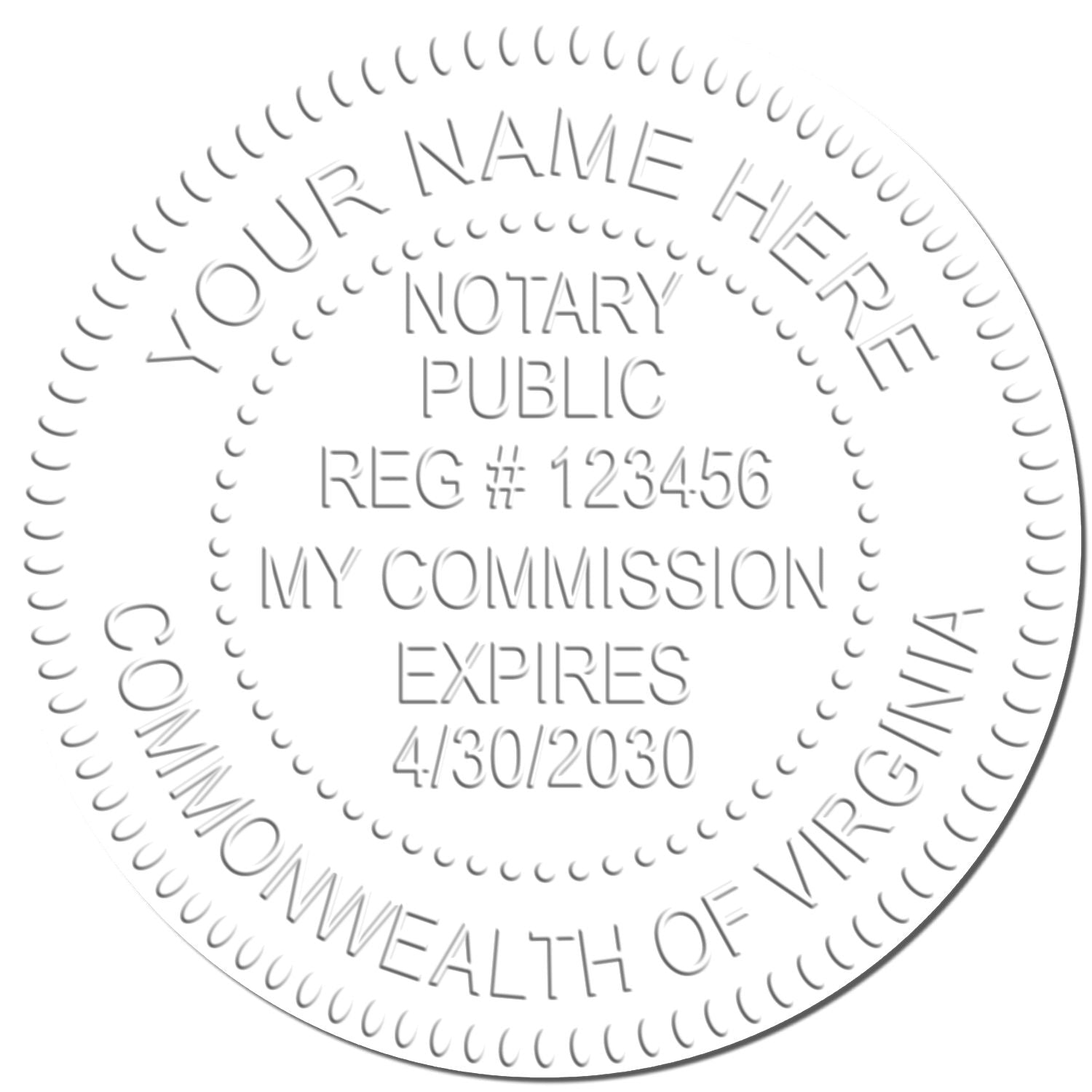 Virginia notary public seal template with commission expiration date and registration number placeholder.
