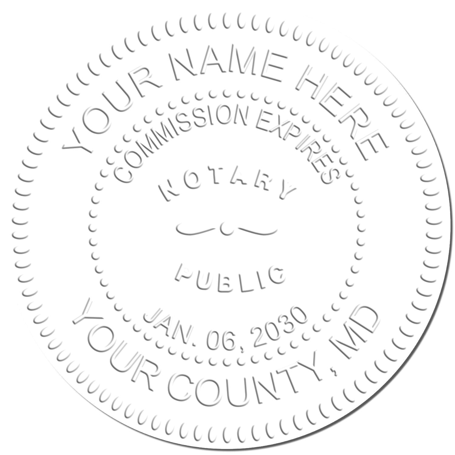 Blank Maryland notary public seal template with Your Name Here, commission expiration, county, and notary stamp design