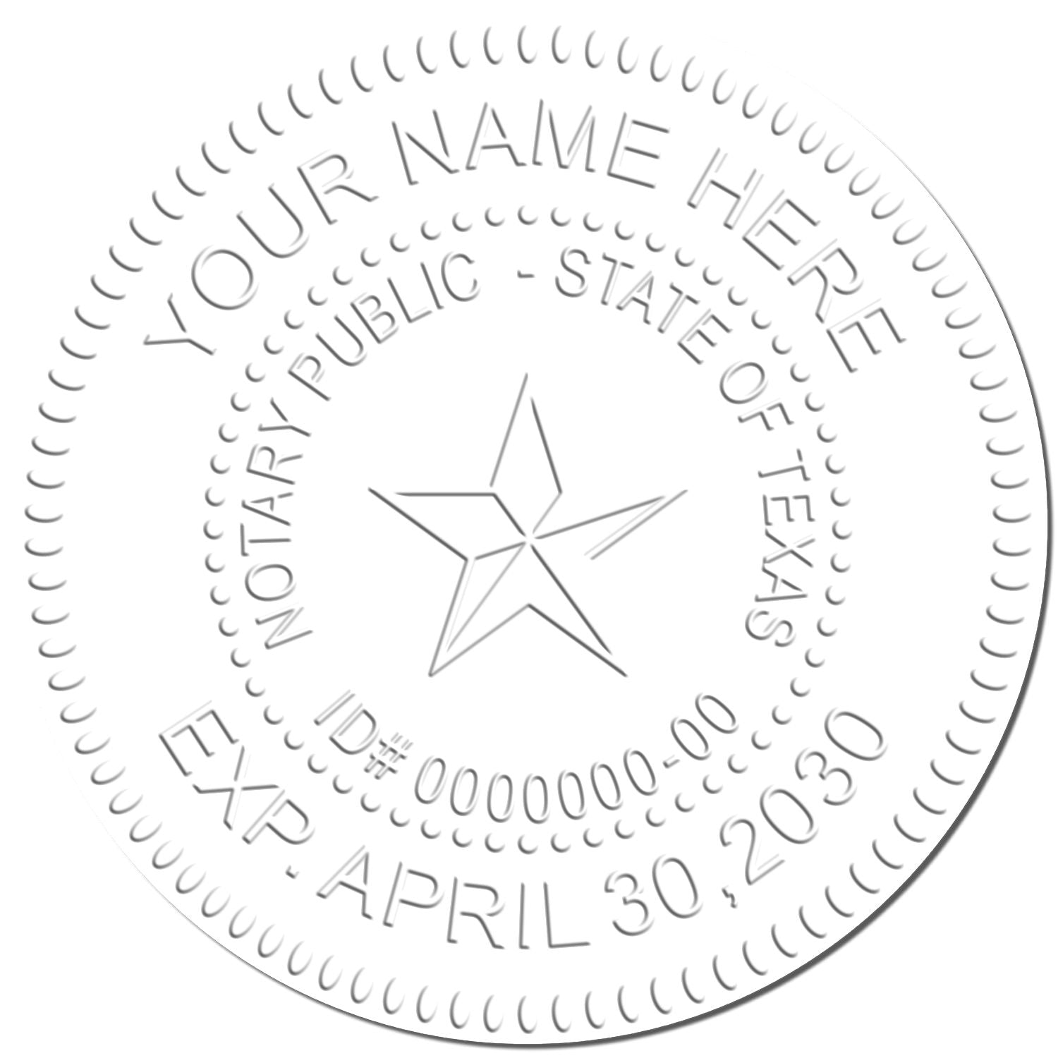 Texas notary public seal template with star emblem and placeholder text for name, ID number, and expiration date.