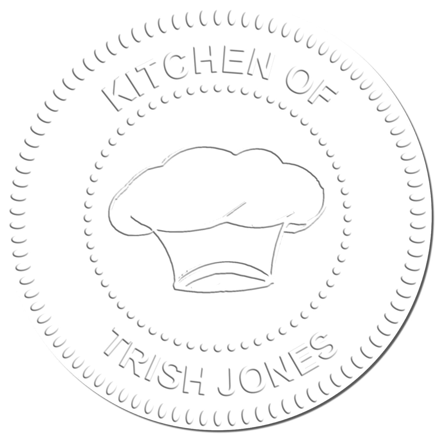 Minimalist circular logo with chef hat and Kitchen of Trish Jones text, restaurant or cooking brand design.