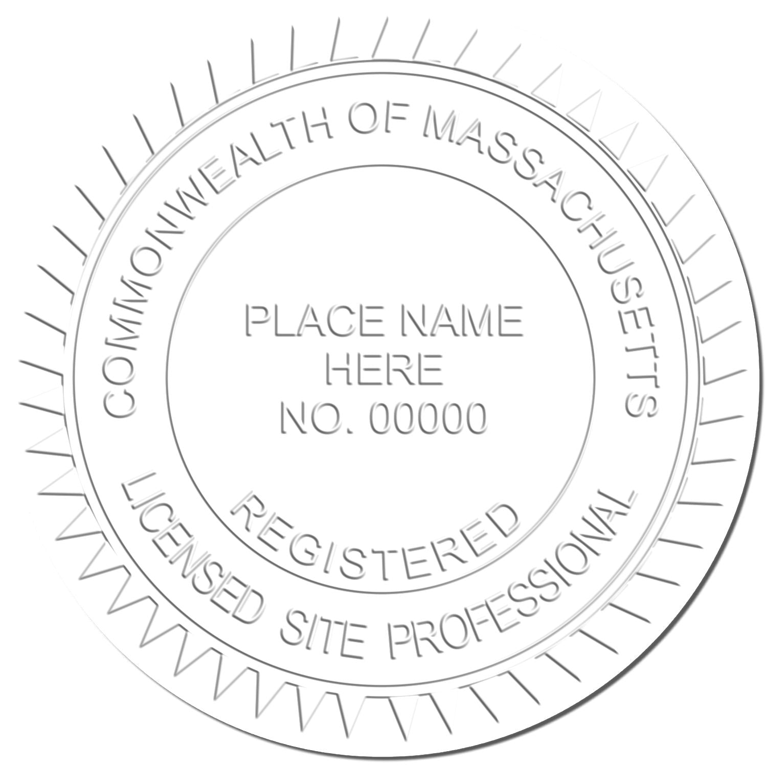 Embossed Commonwealth of Massachusetts seal with place name placeholder, registration number, and licensed site professional text