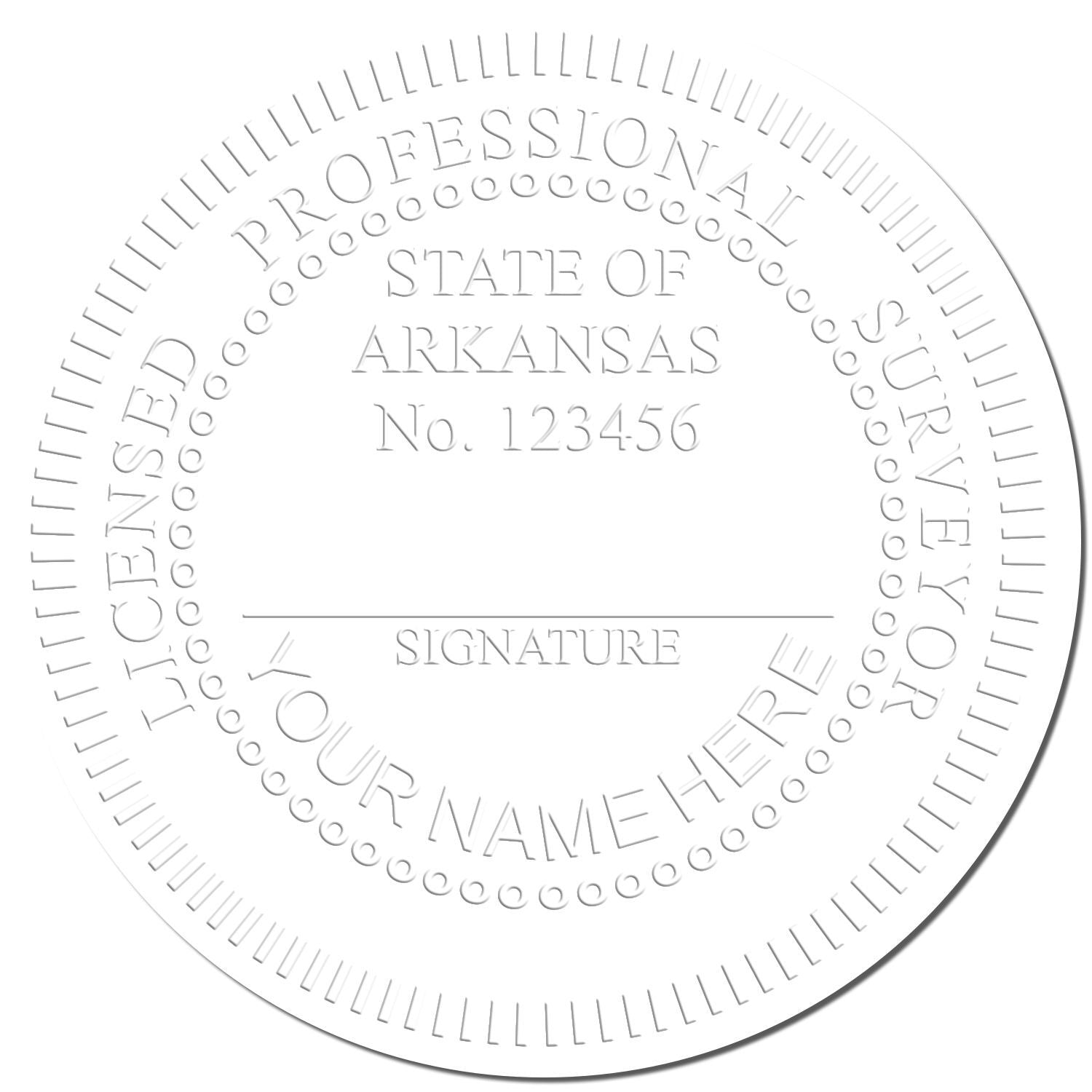 Blank professional seal template for the State of Arkansas with signature line and Your Name Here text.