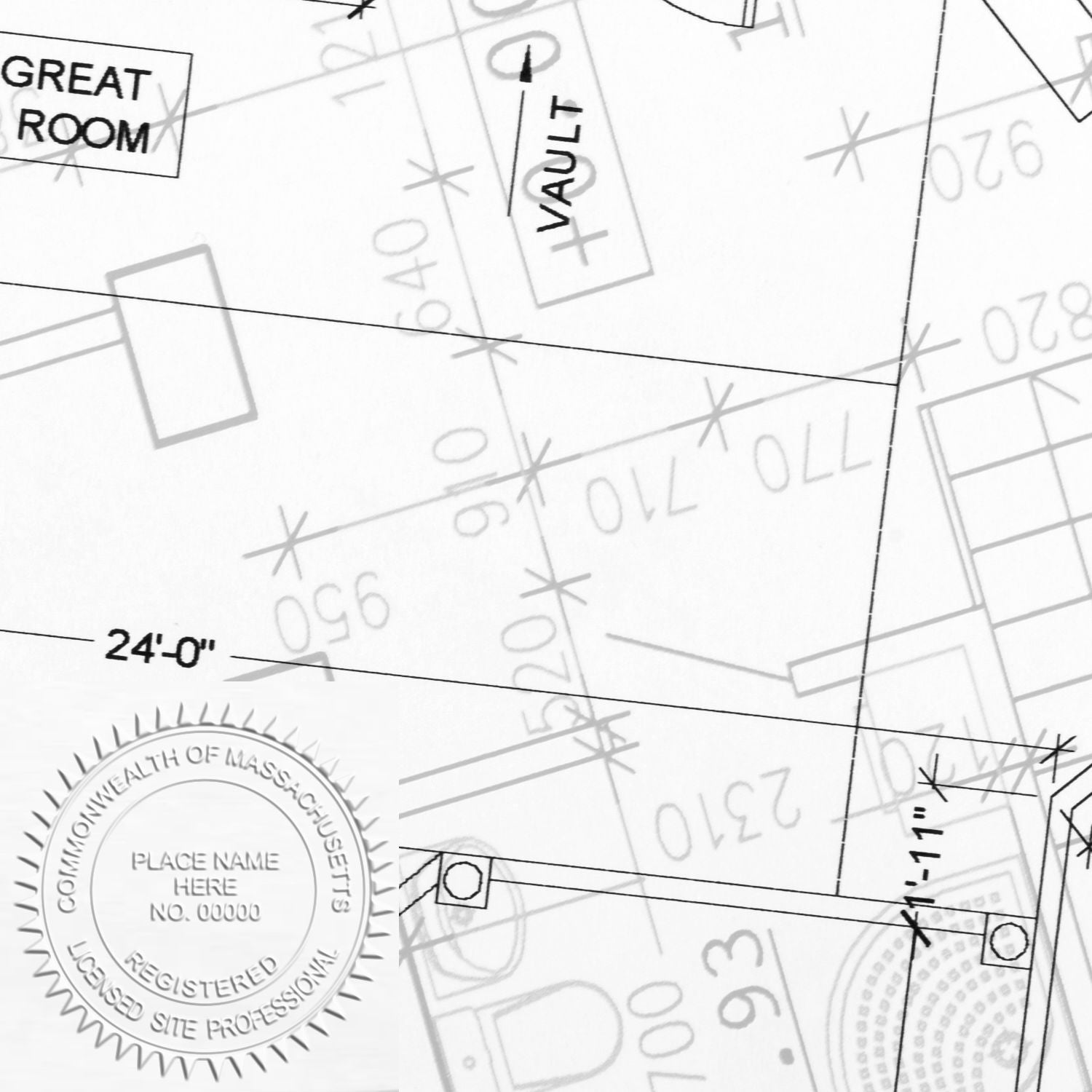 Architectural blueprint floor plan showing great room, vault, room dimensions, and Massachusetts registered professional seal.