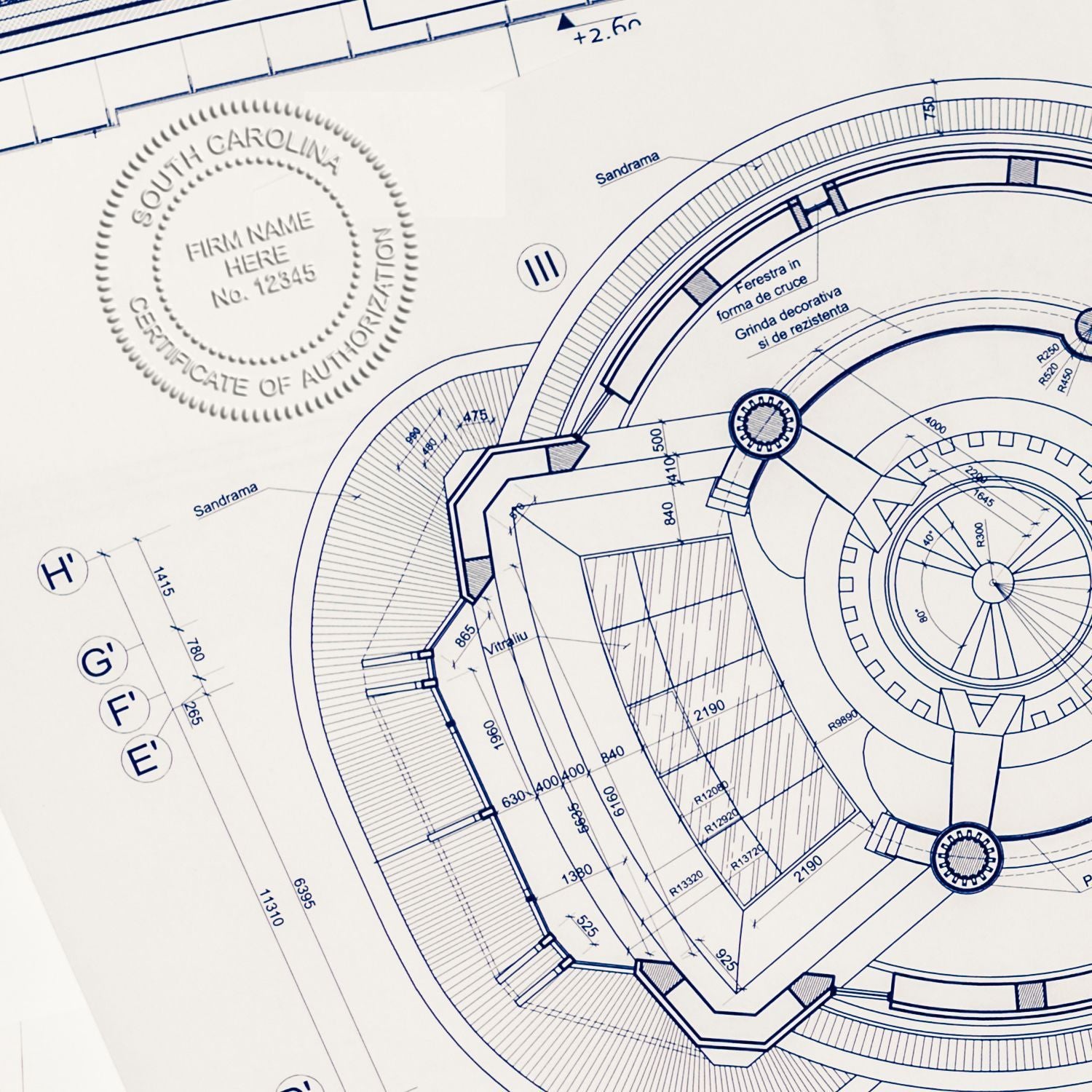 Architectural blueprint with circular technical drawing and South Carolina certificate stamp on paper plan.