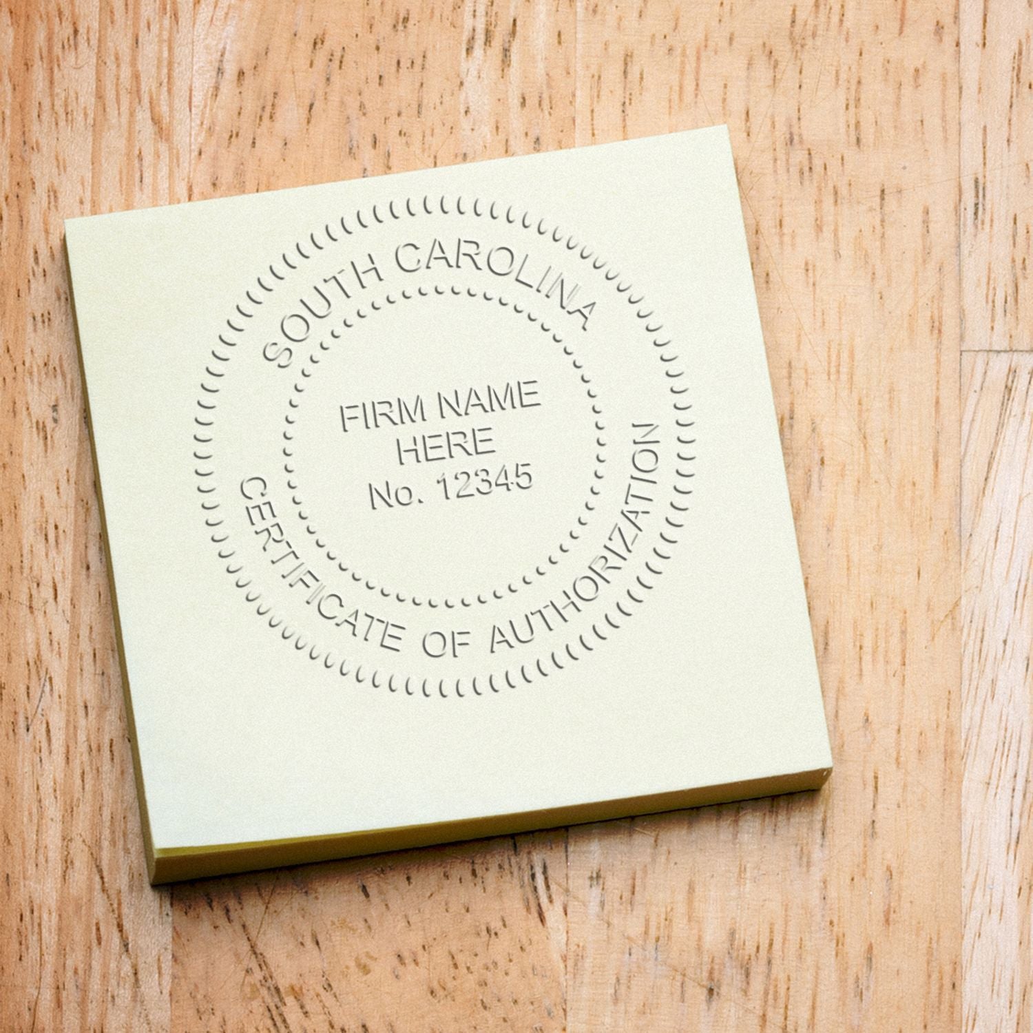South Carolina certificate of authorization embossing seal on a wooden surface with firm name placeholder.