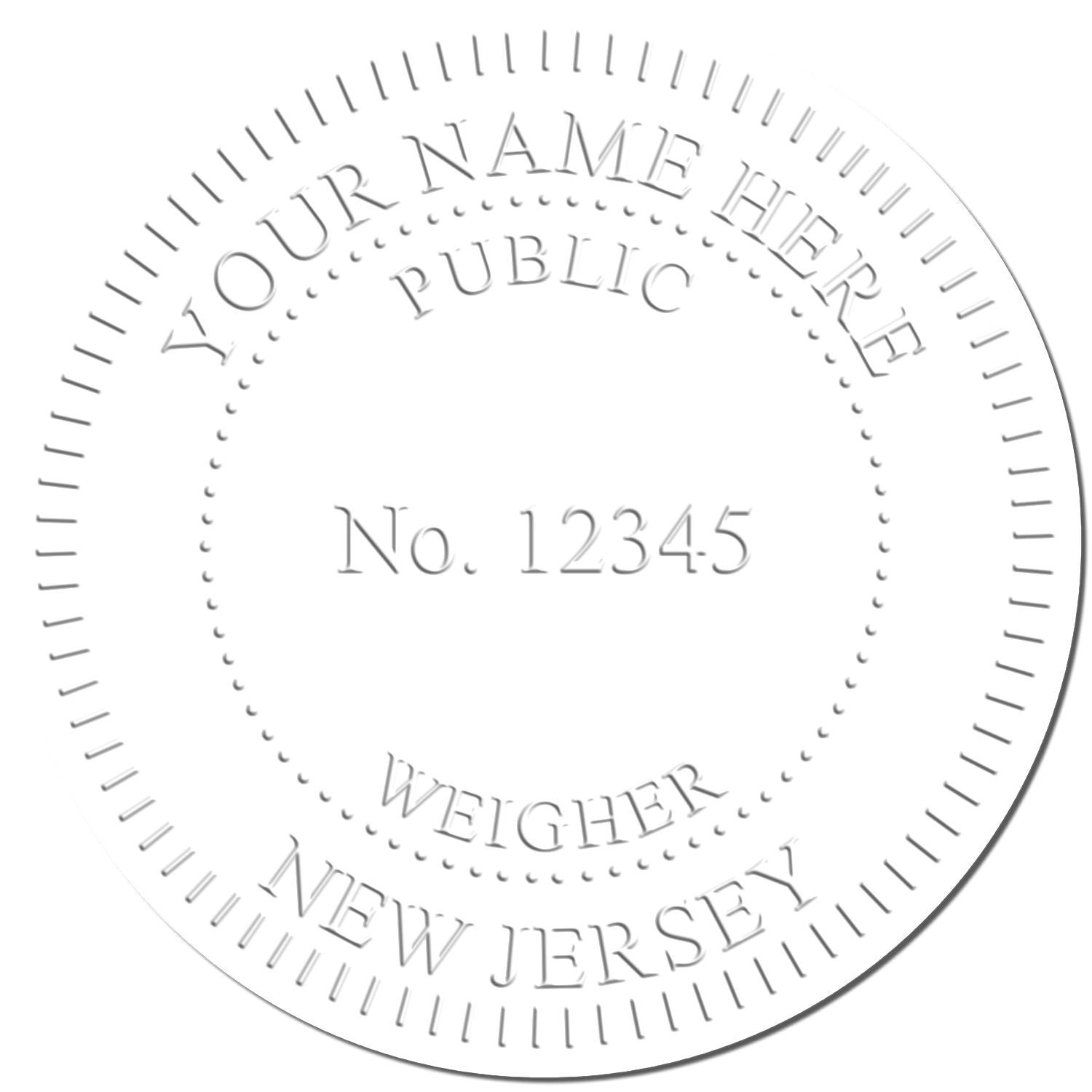 Embossed New Jersey public weigher seal template with Your Name Here and No. 12345 in a circular stamp design.