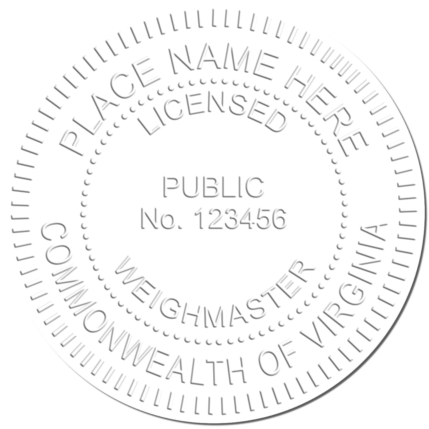 Commonwealth of Virginia public seal template with licensed weighmaster and placeholder number 1234-56