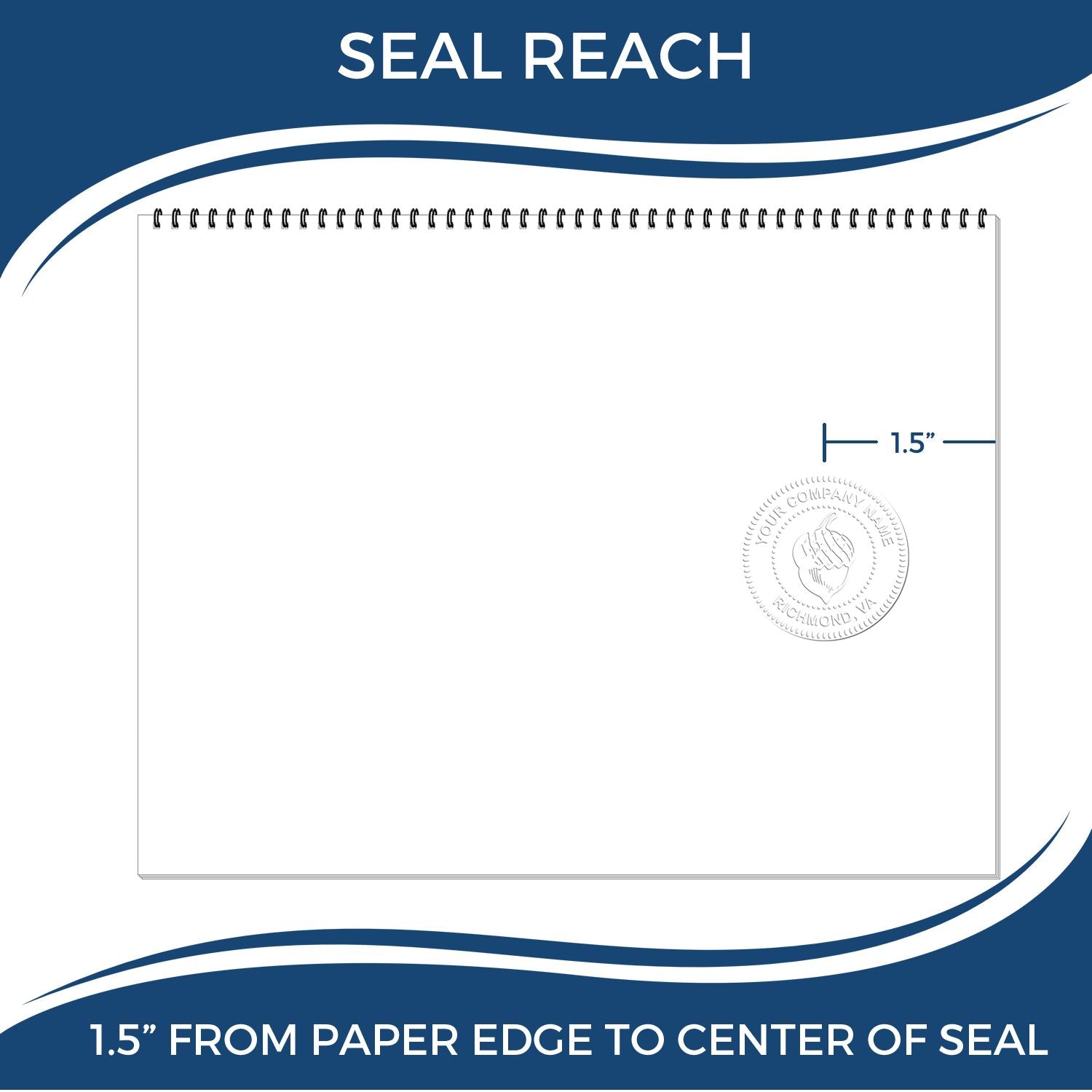 Seal reach diagram for custom notepad, showing 1.5 inches from paper edge to center of company seal.