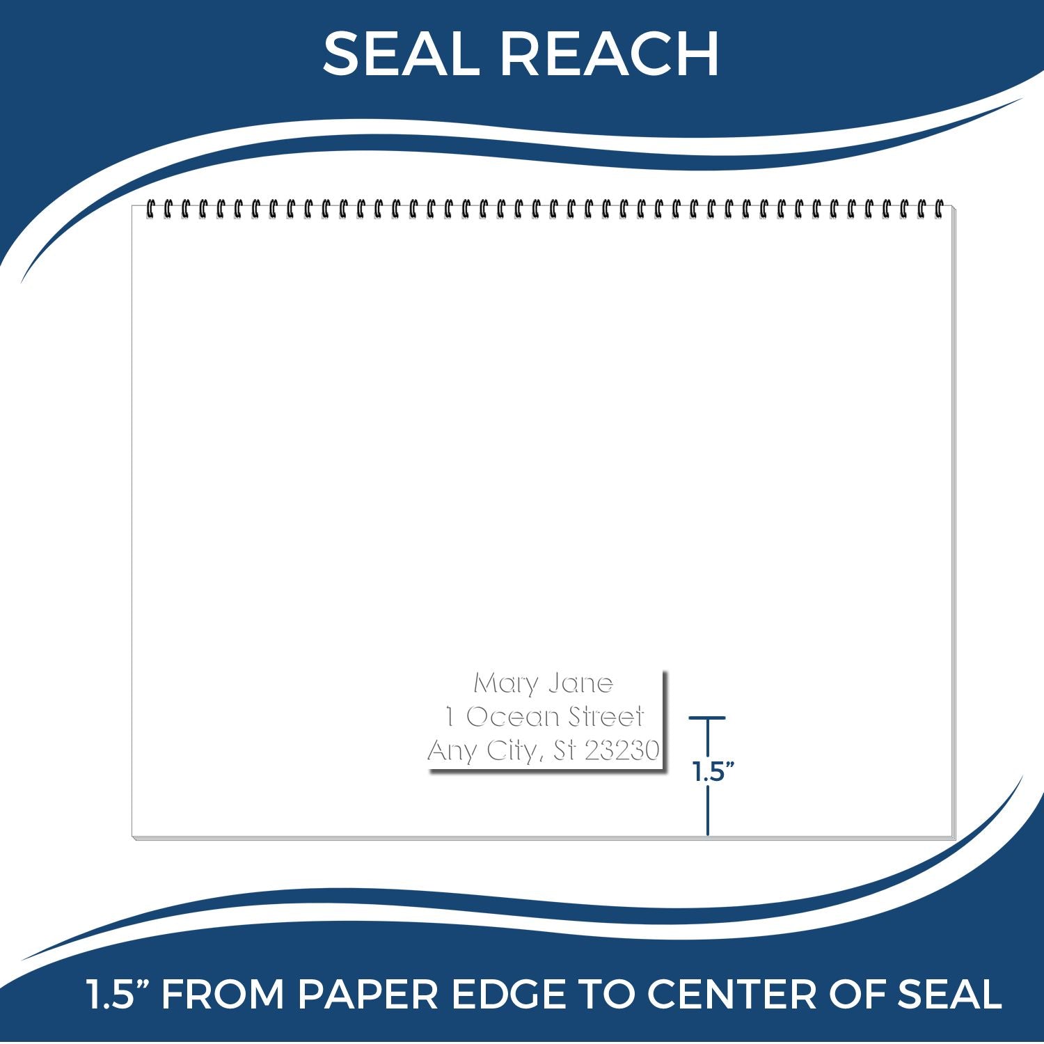Seal reach template for notepad printing showing 1.5 inches from paper edge to center of seal.