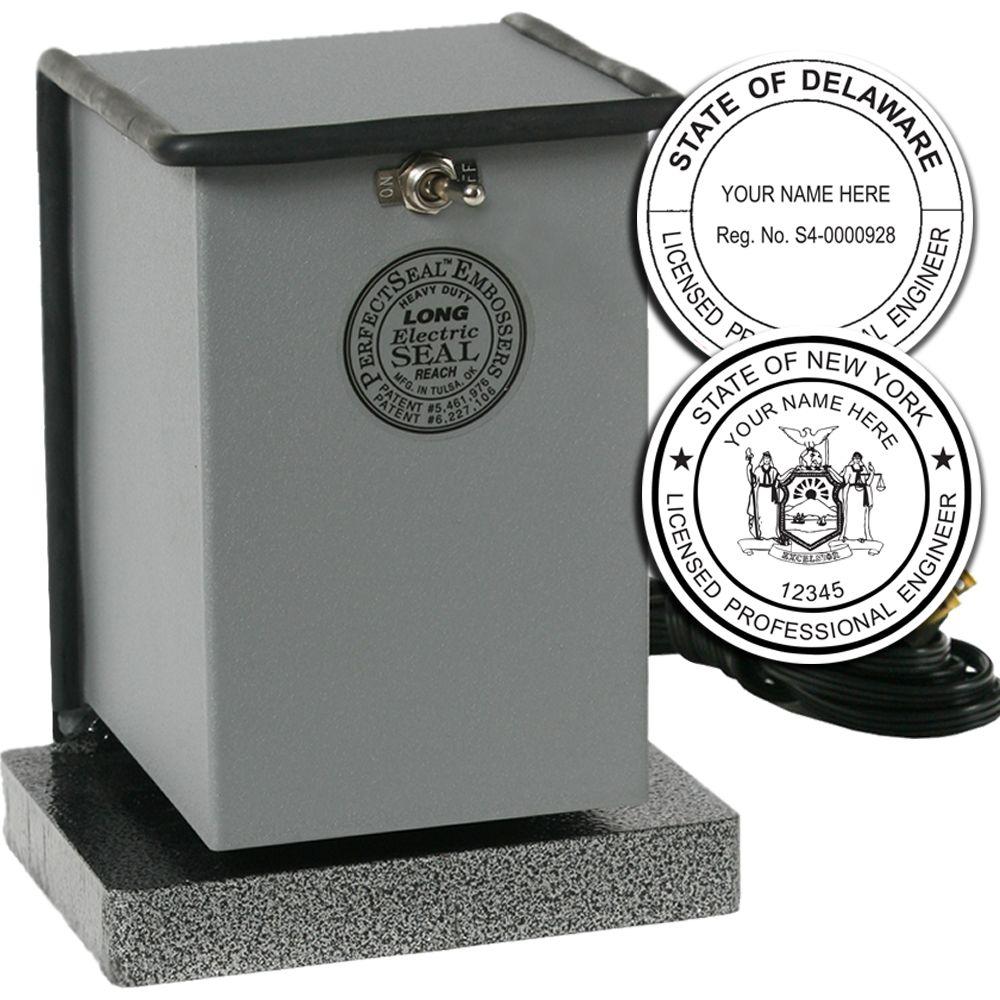 Electric professional engineer seal embosser machine with customizable Delaware and New York state seal plates.