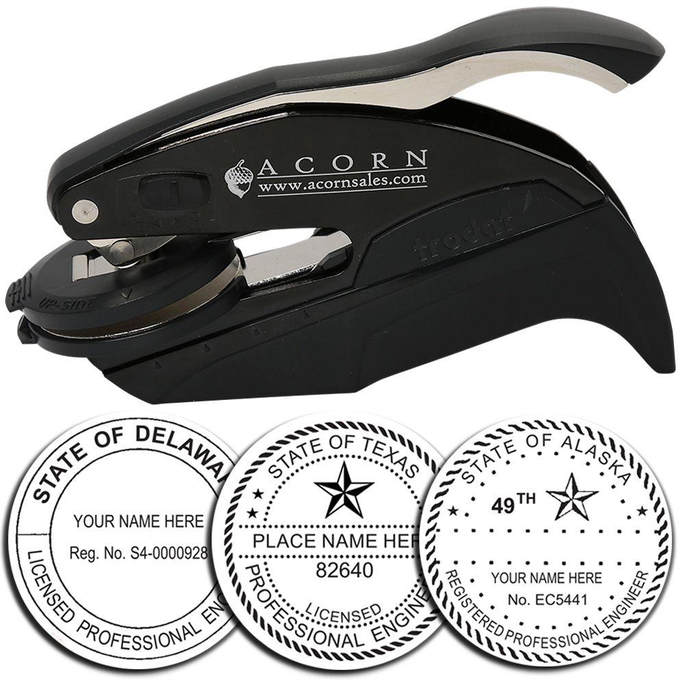Acorn self-inking professional engineer embosser with custom state seal samples for Delaware, Texas, and Alaska.
