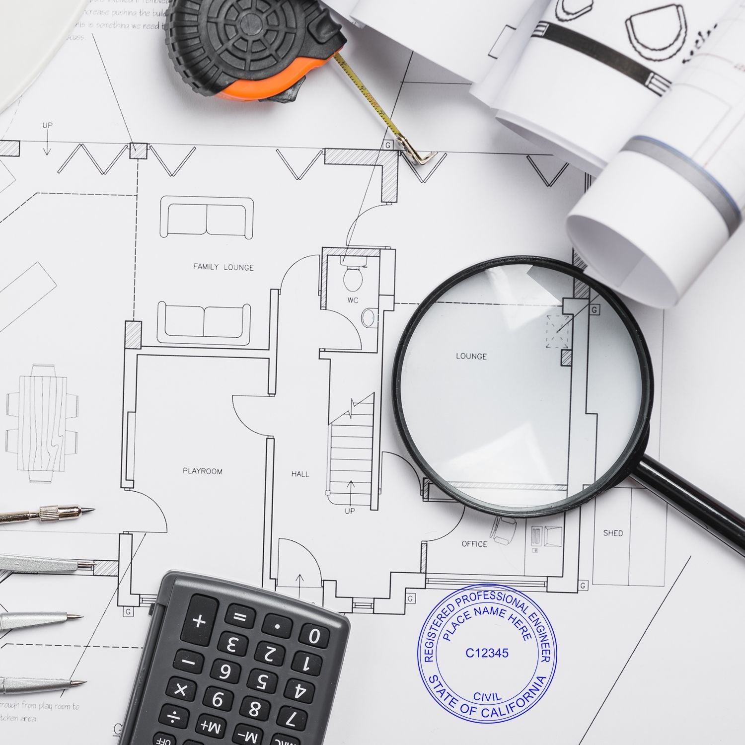 Architectural blueprint with tape measure, magnifying glass, calculator, and engineering stamp on house floor plan.