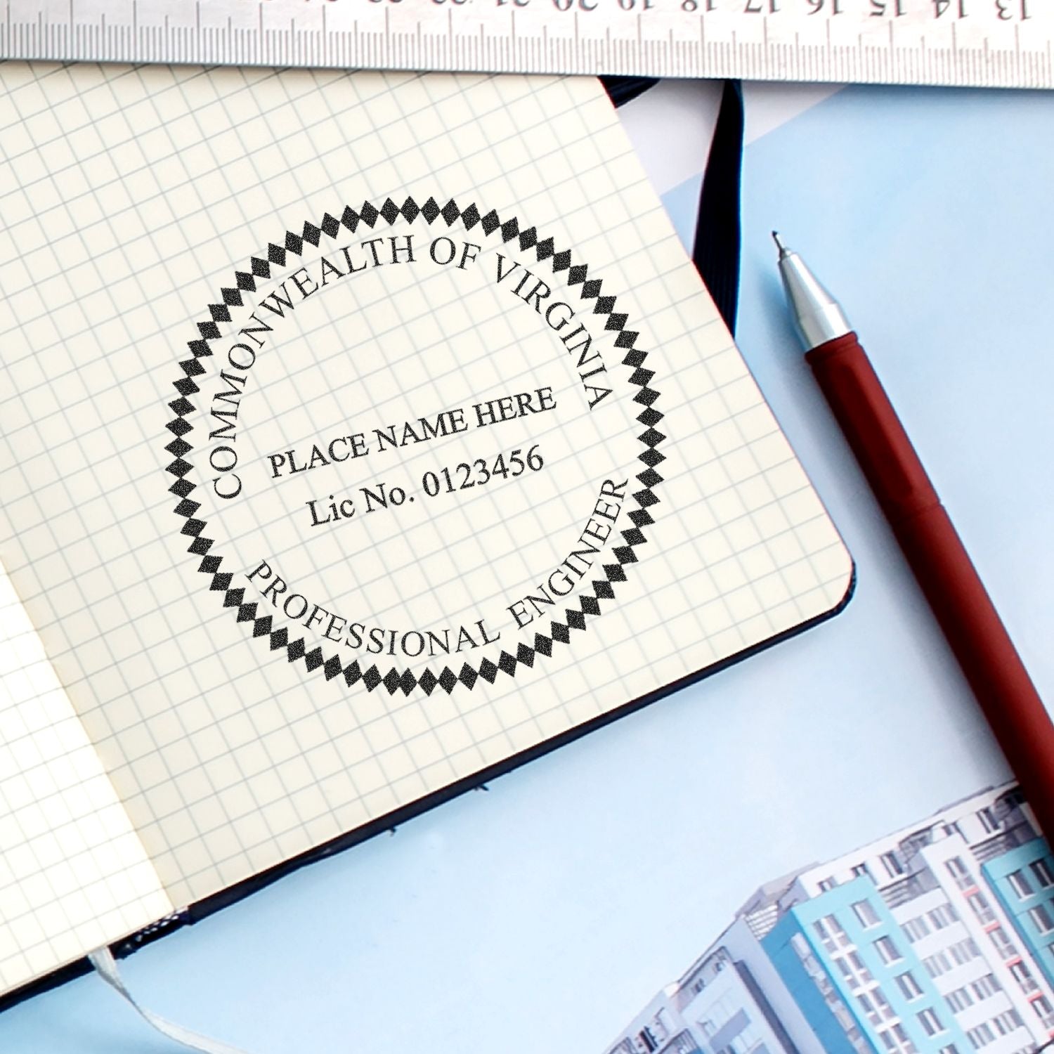 Commonwealth of Virginia professional engineer seal on graph paper notebook with pen, ruler, and architectural blueprint background