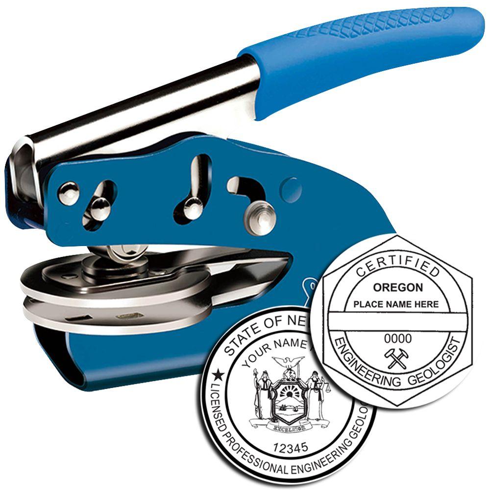 Blue embossing seal stamp with custom professional engineering geologist certification embossers and metal handheld press tool