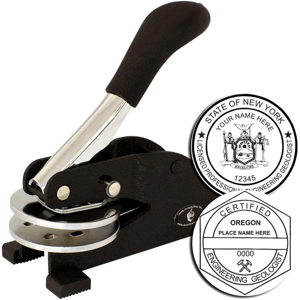 Custom embossing seal press with New York and Oregon professional engineering geologist stamp designs