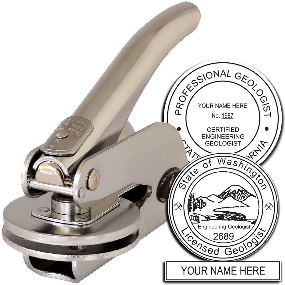Custom geologist embosser seal stamp for professional, certified engineering, and licensed geologist documents with personalized name plate.