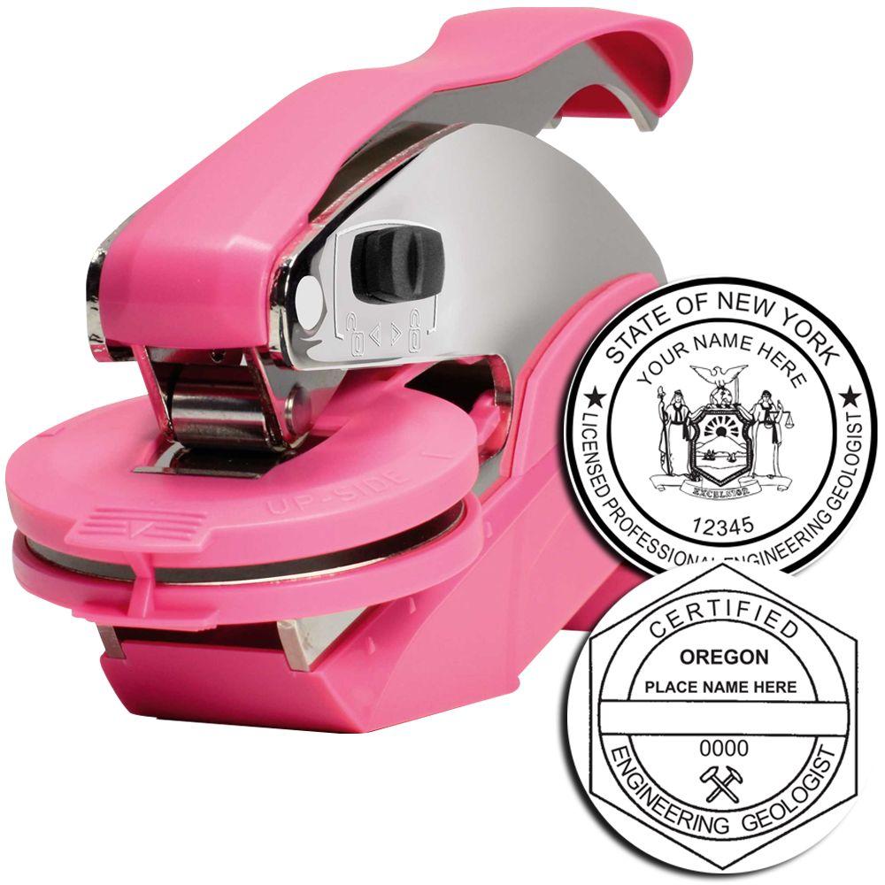 Pink custom notary seal embosser stamp with New York and Oregon professional engineering geologist license seal examples.