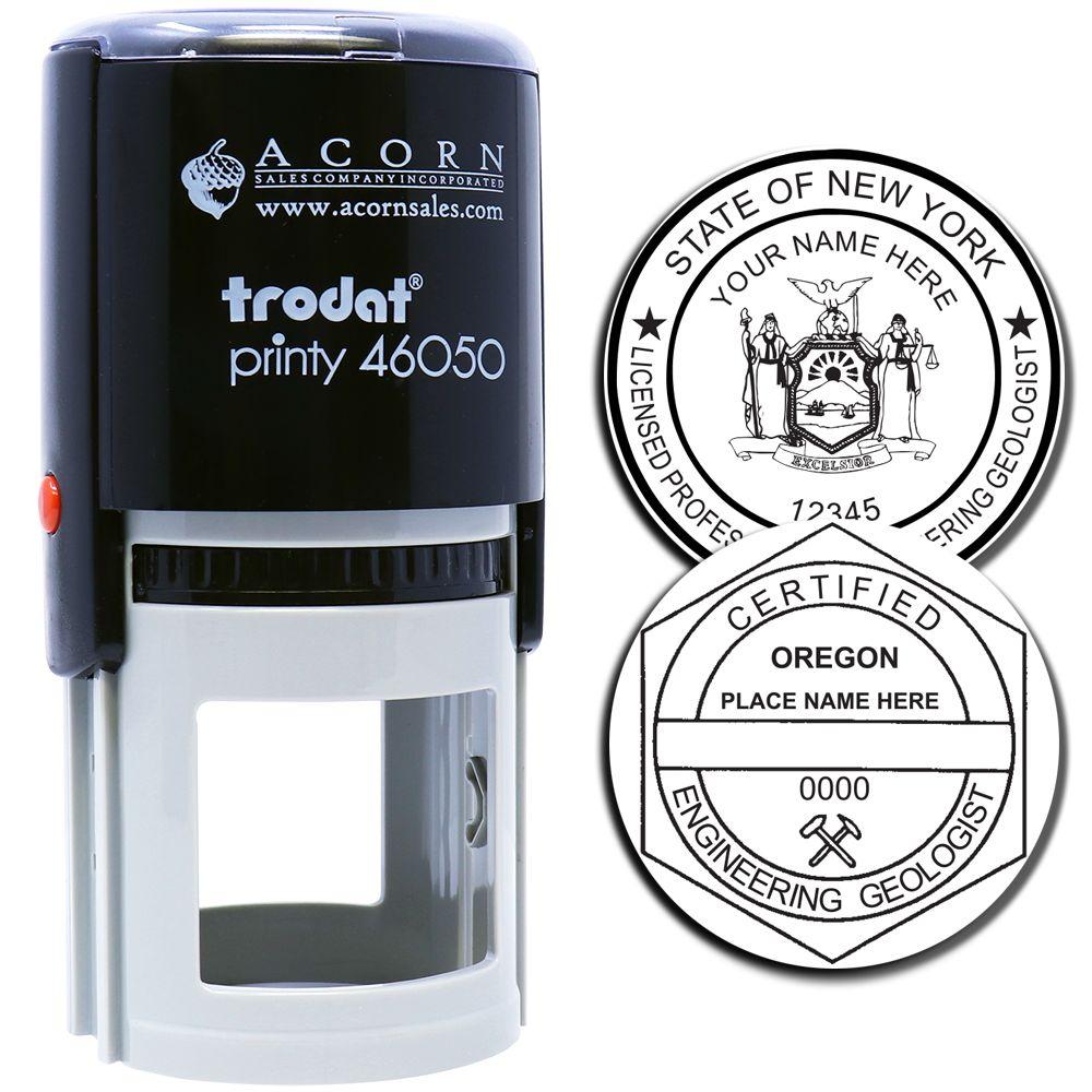 Trodat Printy 46050 self-inking professional seal stamp with custom New York and Oregon licensed engineer geologist embossing seals preview.