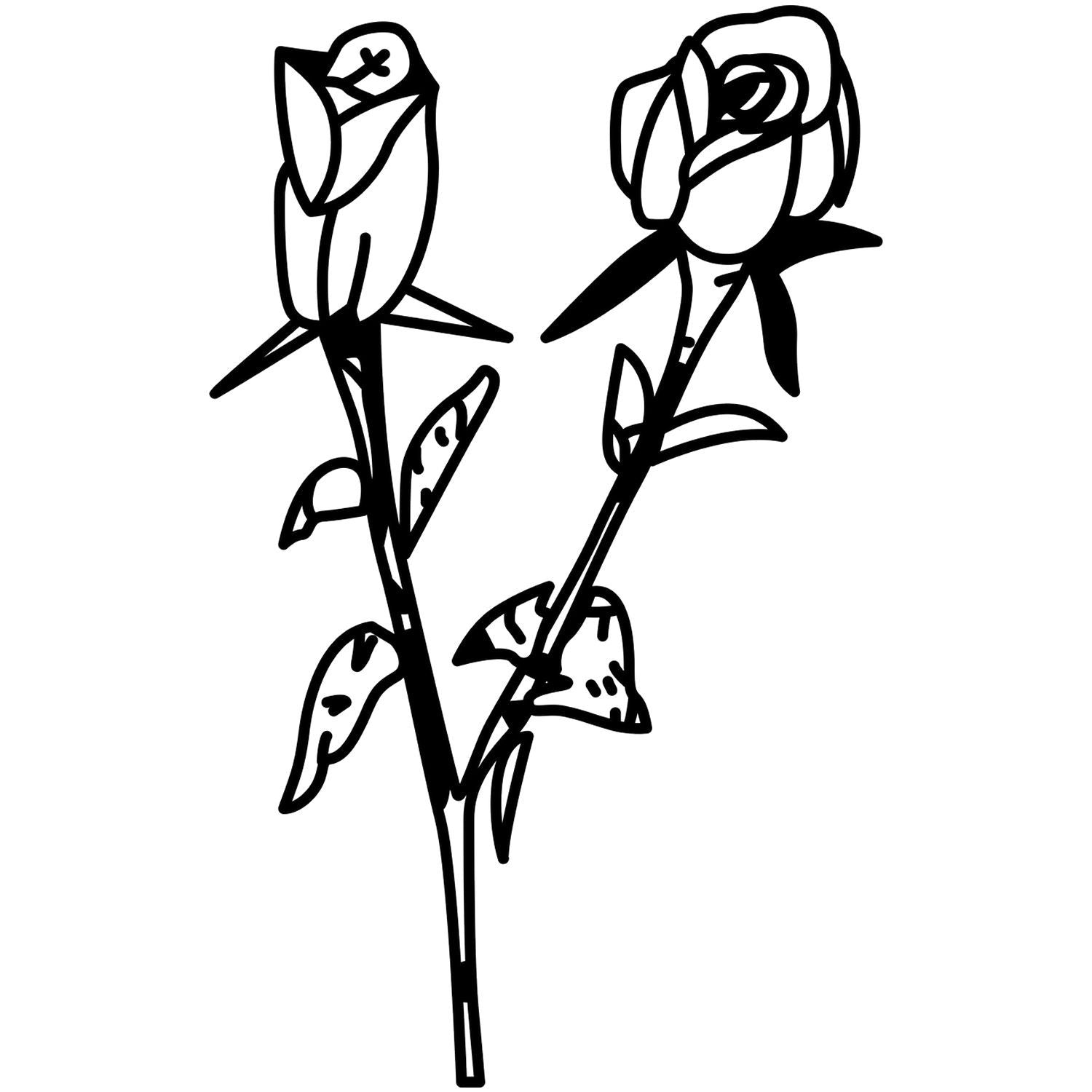 Minimalist black line art of two roses on a stem, elegant floral illustration on a white background.