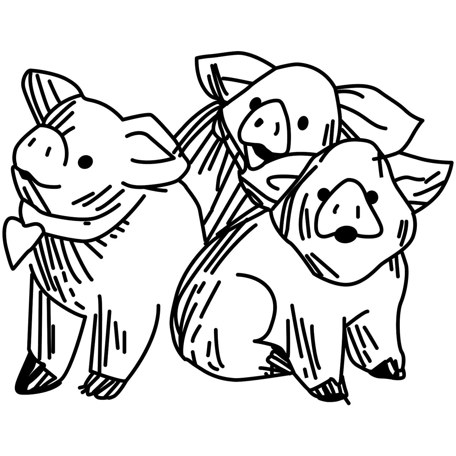 Cute black and white line art of three cartoon pigs, a playful pig family illustration.