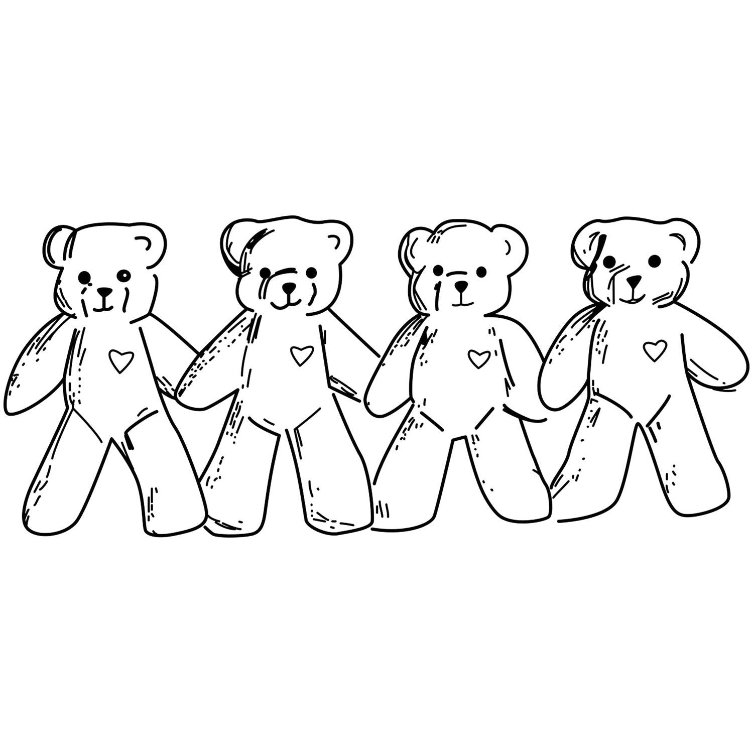 Black and white teddy bear illustration of four cute teddy bears standing together with heart details, simple doodle line art.