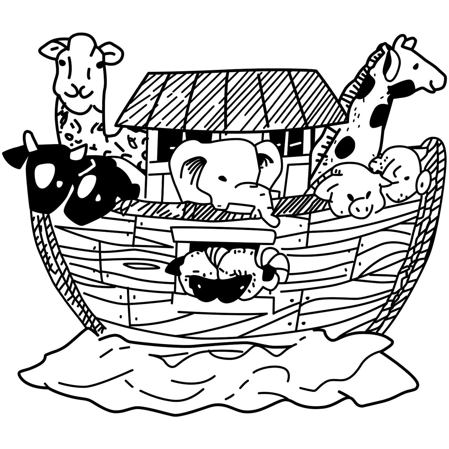 Noahs Ark coloring page with cartoon animals aboard a wooden ark, black and white line art for kids.