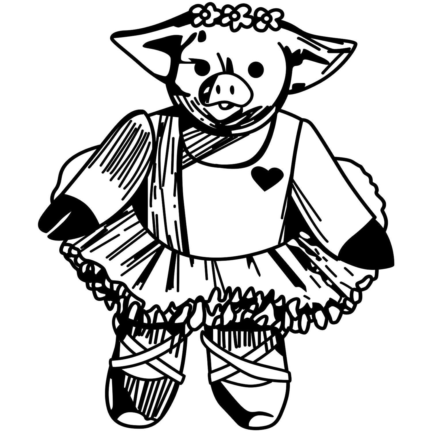 Black and white cartoon pig in a dress with a heart detail and flower headband, cute animal illustration.